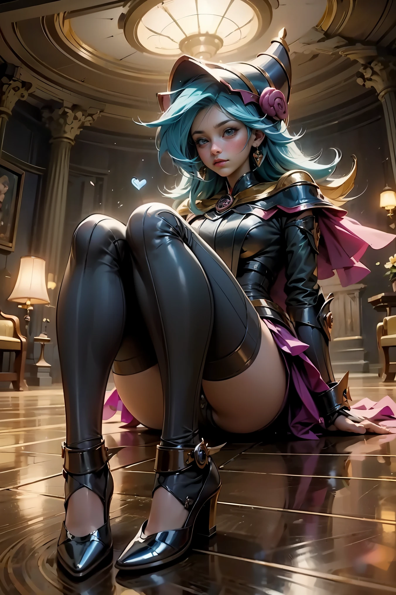 (obra maestra:1.2), (La mejor calidad:1.2), perfect lighting, Chica Maga Oscura lanzando un hechizo, en batalla. flotando en el aire, tetas medianas visibles, escote transparente, bata azul, sombrero grande, desde arriba, Destellos, Yugioh juego, The magic of the heart. LIGHTS OF THE HEART, Romantic heart. Ella usa tacones. Tiene tacones. Usa tacones