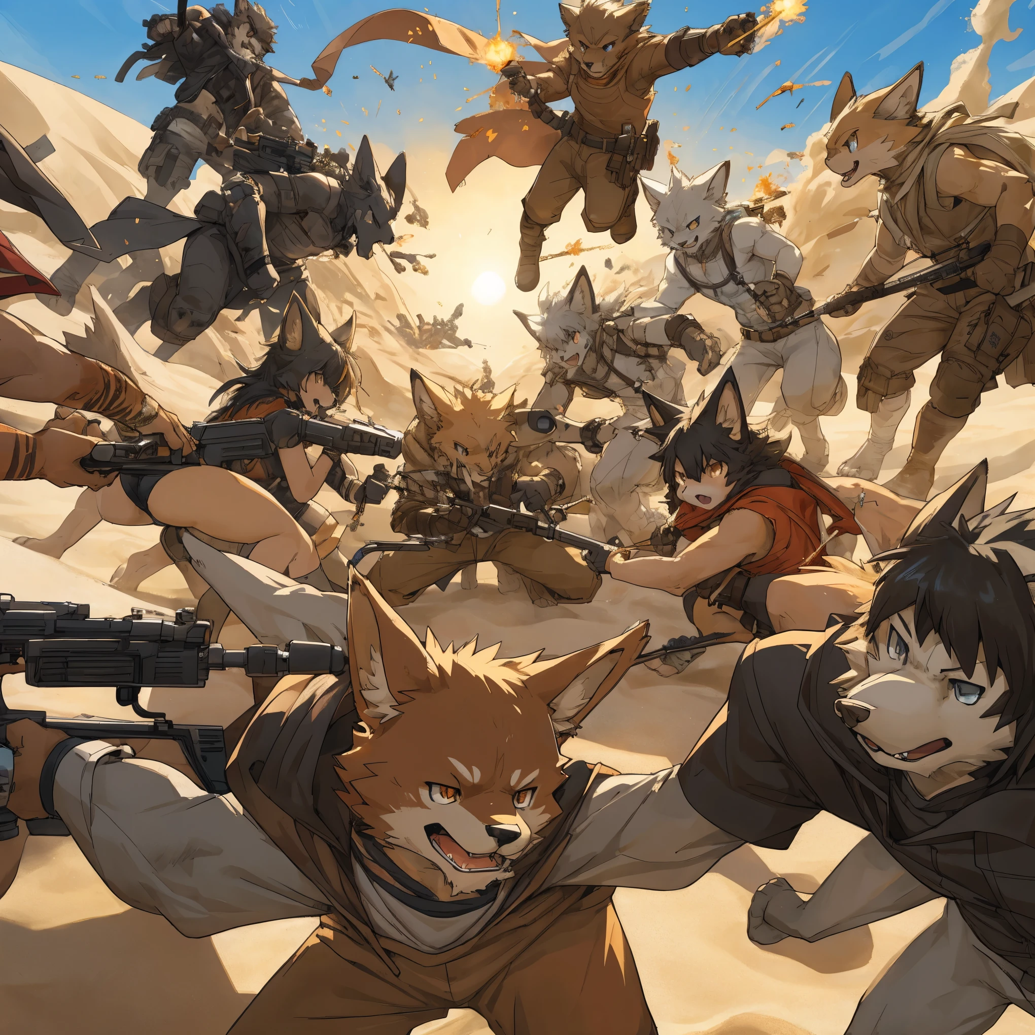 top quality, best quality, High-quality illustrations, masterpiece, super high resolution, detailed background, A high-stakes card game and a shootout under the scorching sun, with hot sand swirling as bullets fly, 6+boys, 6+girls, absurdres(highly detailed beautiful face and eyes)perfect anatomy, expression, good lighting, cinematic shadow(kemono, furry anthro)assorted poses, dynamic angle,