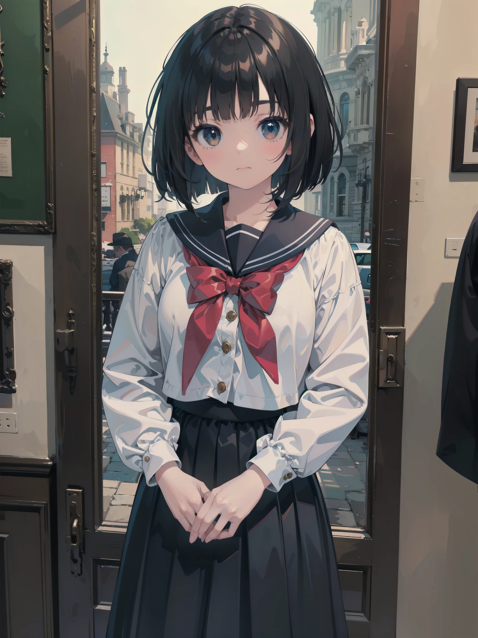 (Top quality, 16K, Masterpiece, Super high resolution, Victorian, Photorealistic: 1.2),1girl,kawaii,cute,face,white long-sleeved sailor uniform, pleated skirt, long skirt, dark blue skirt, red bow on the front, black hair, bob cut, embarrassed