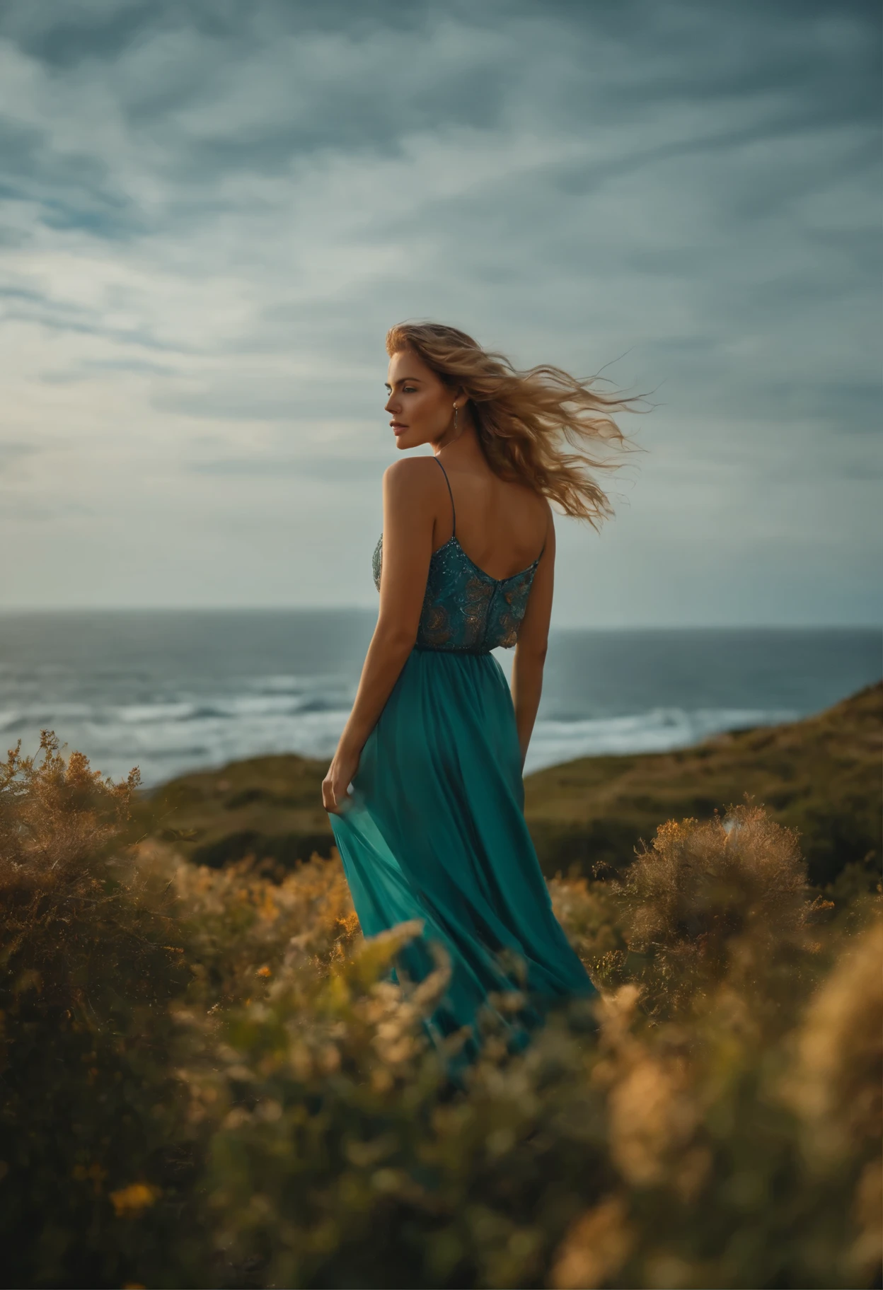 Chica muy hermosa vestida con ropa ligera, con cabello rubio posando en una pradera muy despejada con vista al mar.