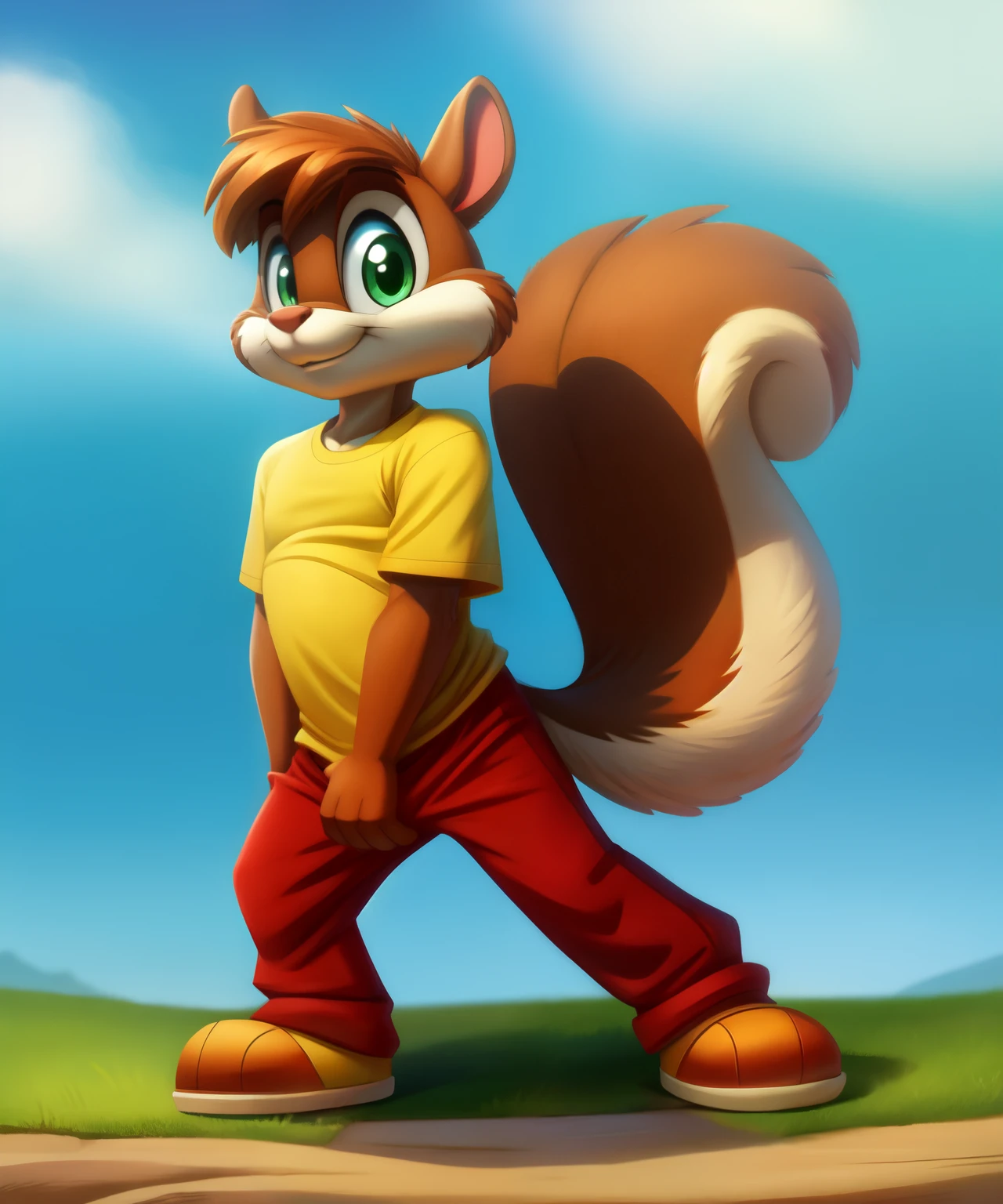 Charles the squirrel, yellow shirt with a blue c on it, red pants, green eyes, tiny toons style, full body view