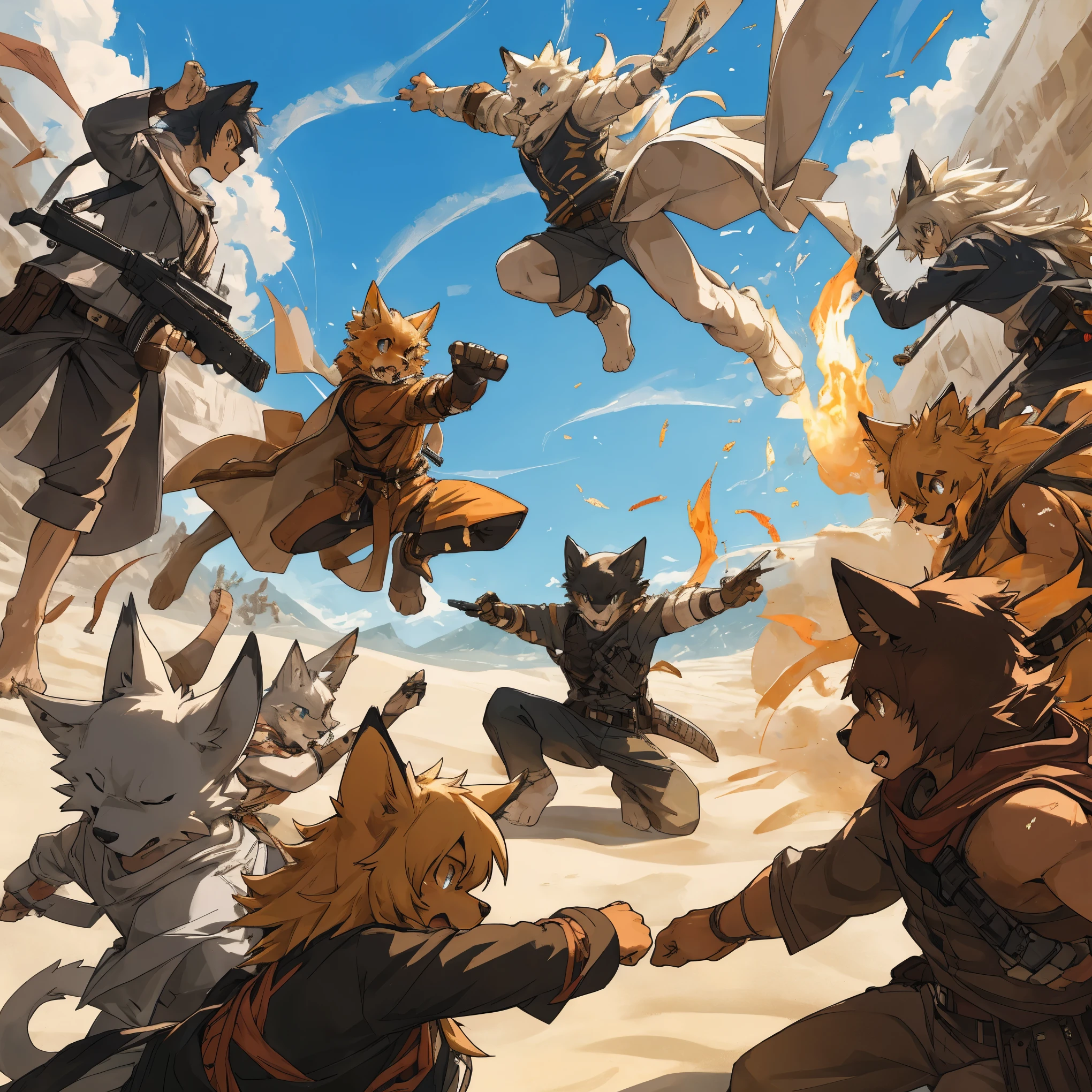 top quality, best quality, High-quality illustrations, masterpiece, super high resolution, detailed background, A high-stakes card game and a shootout under the scorching sun, with hot sand swirling as bullets fly, 6+boys, 6+girls, absurdres(highly detailed beautiful face and eyes)perfect anatomy, expression, good lighting, cinematic shadow(kemono, furry anthro)assorted poses, dynamic angle,