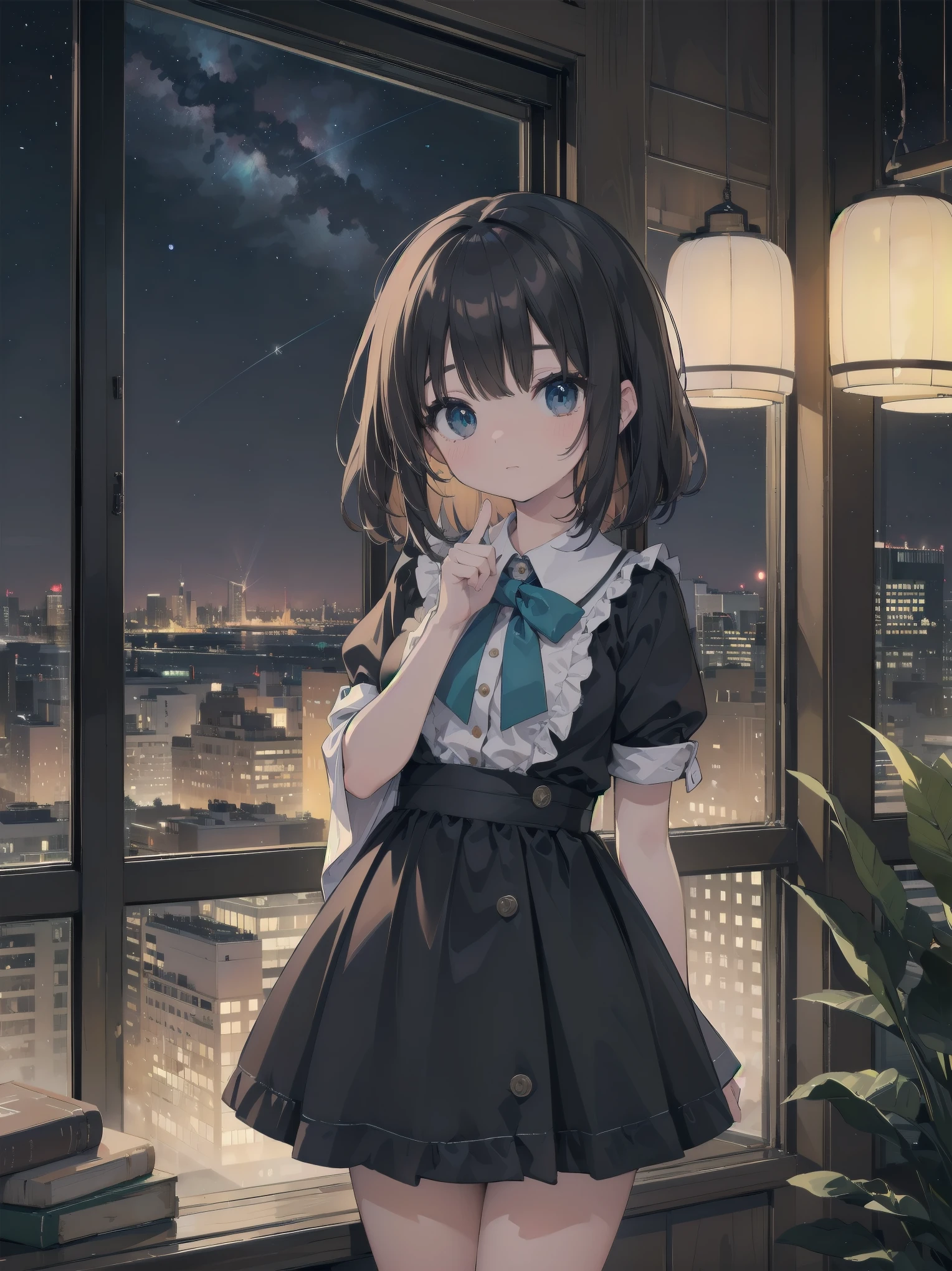 Artistic AI Art Galaxy(masterpiece:1.2, best quality),clear。lift up the skirt、cute girl、The night view of the big city outside the window、artistic shadow、I can&#39;t believe it but it&#39;s so ridiculously cute
