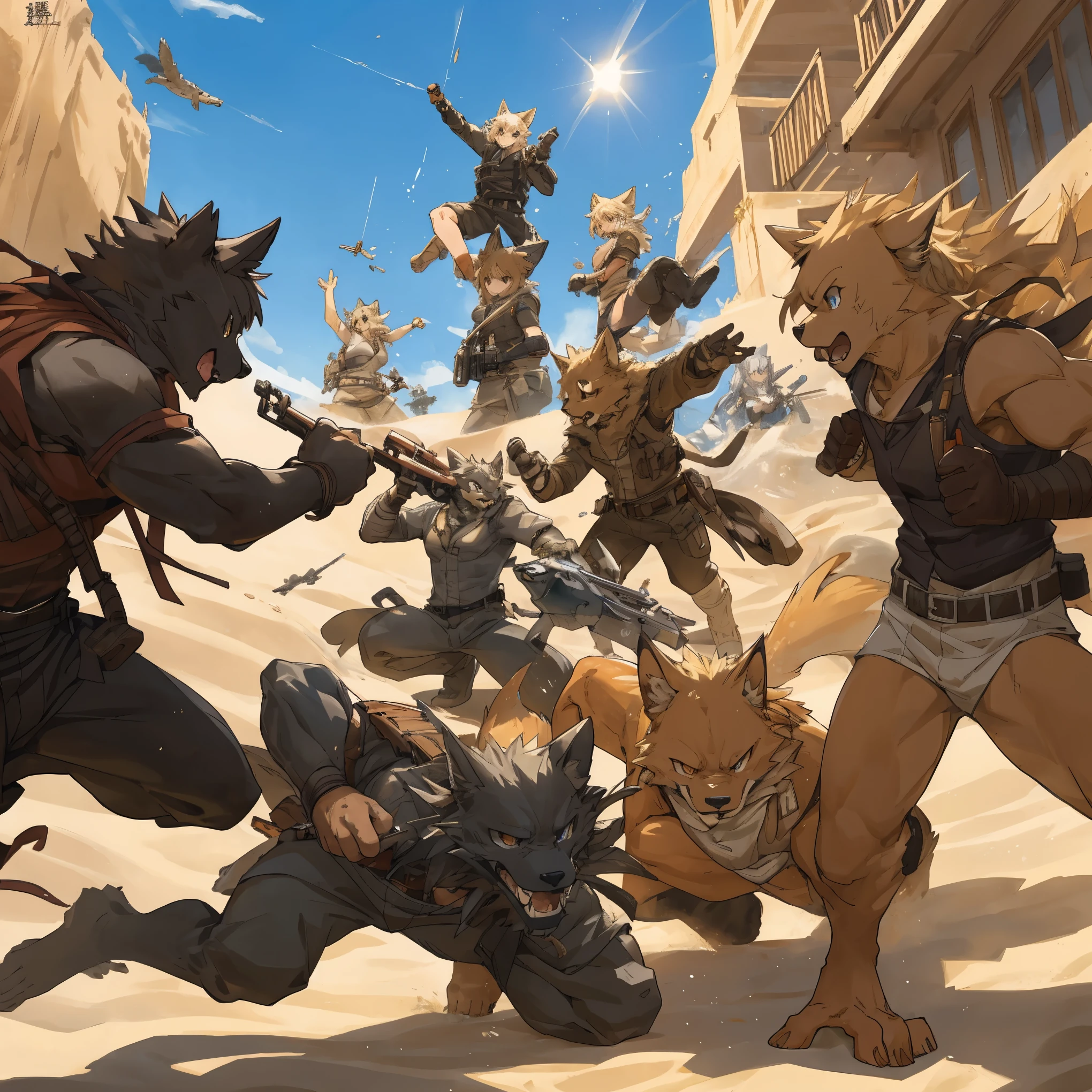 top quality, best quality, High-quality illustrations, masterpiece, super high resolution, detailed background, A high-stakes card game and a shootout under the scorching sun, with hot sand swirling as bullets fly, 6+boys, 6+girls, absurdres(highly detailed beautiful face and eyes)perfect anatomy, expression, good lighting, cinematic shadow(kemono, furry anthro)assorted poses, dynamic angle,
