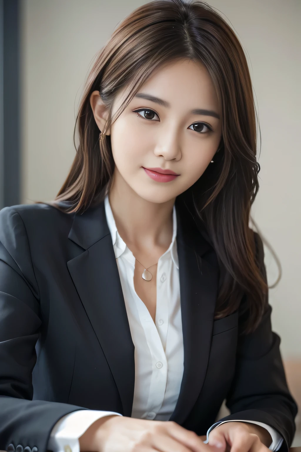 table top, highest quality, realistic, Super detailed, finely, High resolution, 8k wallpaper, 1 beautiful woman,, light brown messy hair, wearing a business suit, sharp focus, perfect dynamic composition, finelyて美しい目, thin hair, Detailed and realistic skin texture, smile, close-up portrait, model body shape