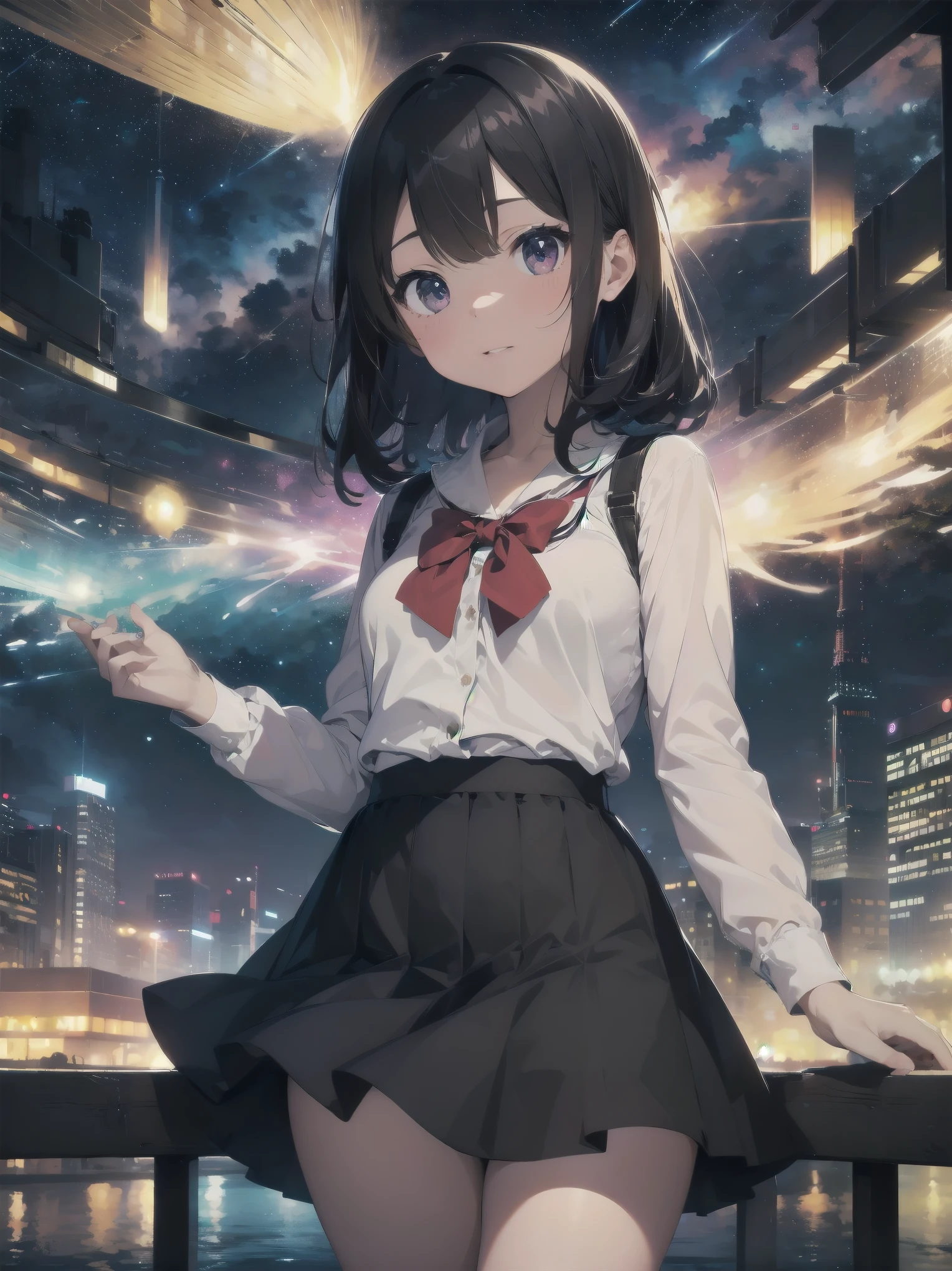 Artistic AI Art Galaxy(masterpiece:1.2, best quality),clear。lift up the skirt、cute girl、The night view of the big city outside the window、artistic shadow、I can't believe it but it's so ridiculously cute