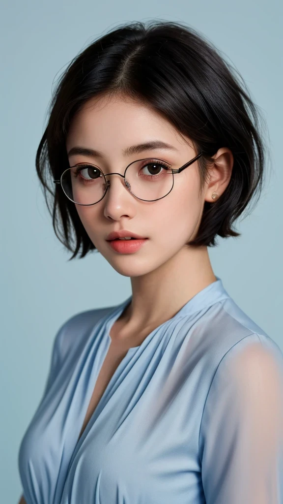 (masterpiece:1.3), (8k, realistic, RAW photo, highest quality: 1.4), (1 girl), Young age woman, beautiful face, (realistic face), round face,(black hair, straight short hair:1.3), beautiful hairstyle, realistic eyes, fine and beautiful eyes, (realistic skin), beautiful skin, (round glasses), confused, charm, ultra high resolution, 超realistic, very detailed, golden ratio, (looking here),Simple light blue background,blouse