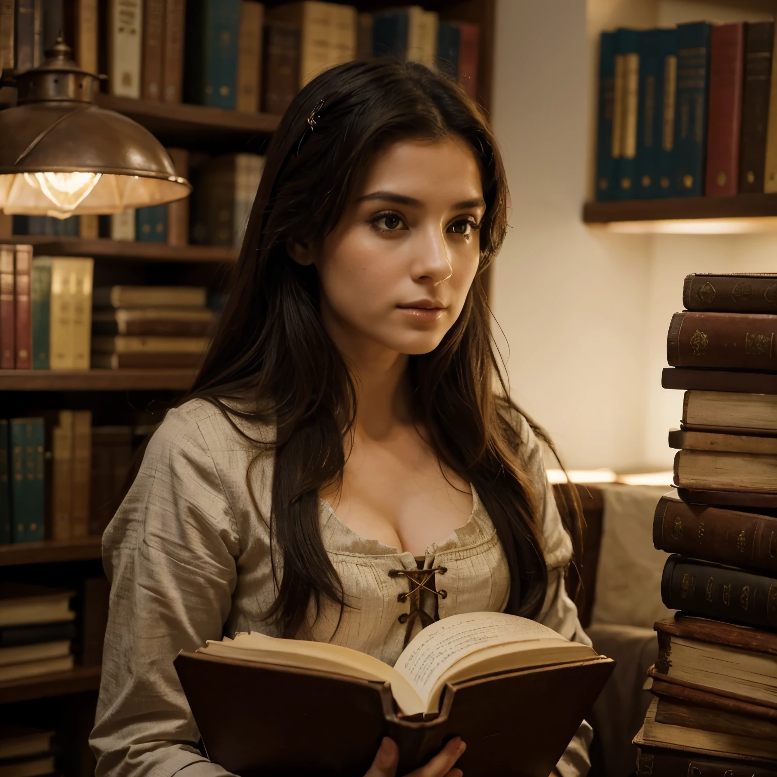 Criar um personagem de uma mulher com roupas medievais, lendo um grande livro antigo , em uma biblioteca iluminada por tochas.