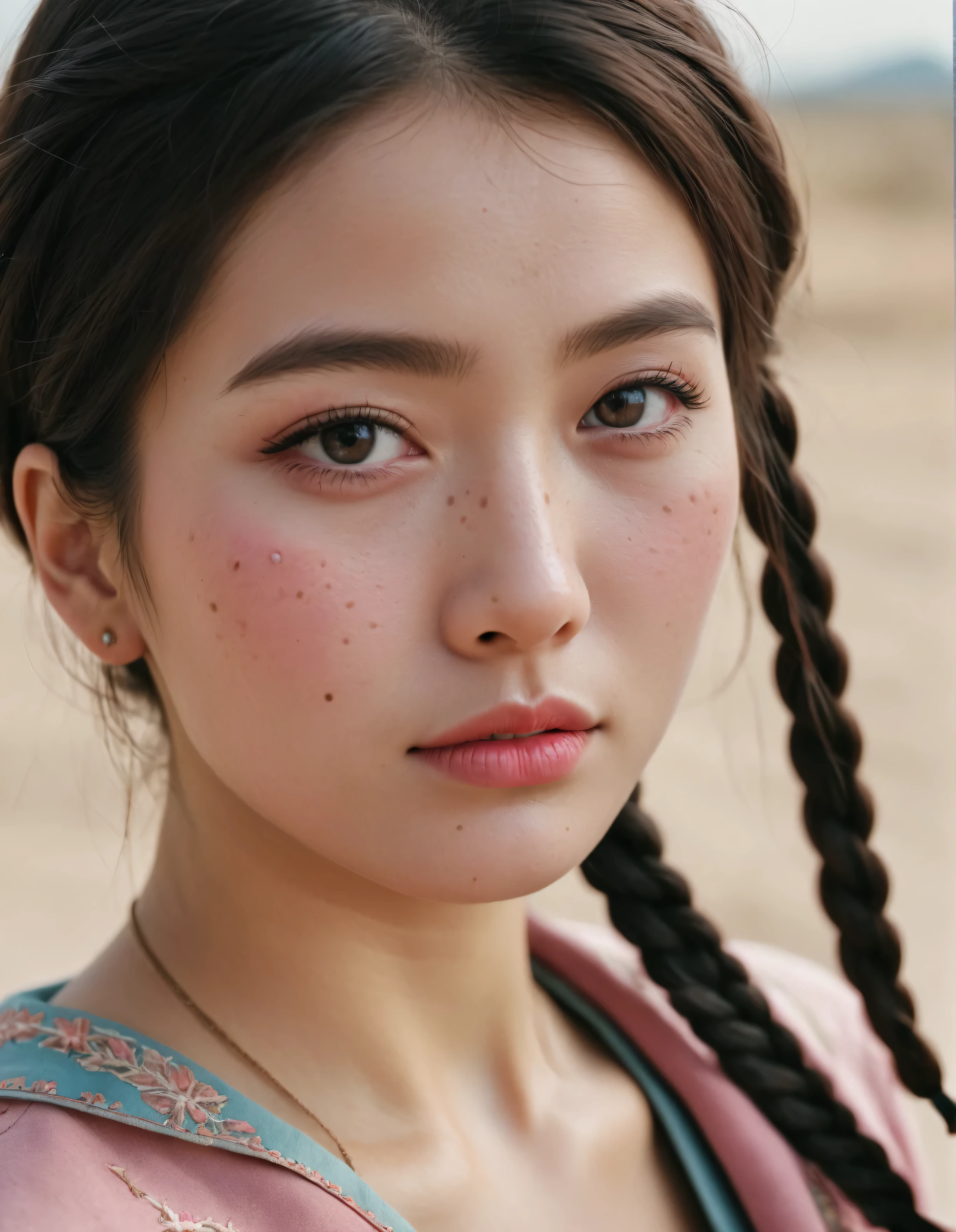 an eye contact of a Kyrgyz woman, grimace, primer, Intricate, cream eyeliner, stain lipstick, odd numbers, Button nose, Freckles, Dutch braid hair cut, pink skin color, soft focus. 8k, highly detailed, detailed skin texture, natural skin texture, detailed cloth texture, perfect eyes, detailed eyes,, (high quality, best quality:1.3), Extremely high-resolution, amateur photo, Fujifilm Superia Premium 400, Nikon D850 film stock photograph Kodak Portra 400 camera f1.6 lens,