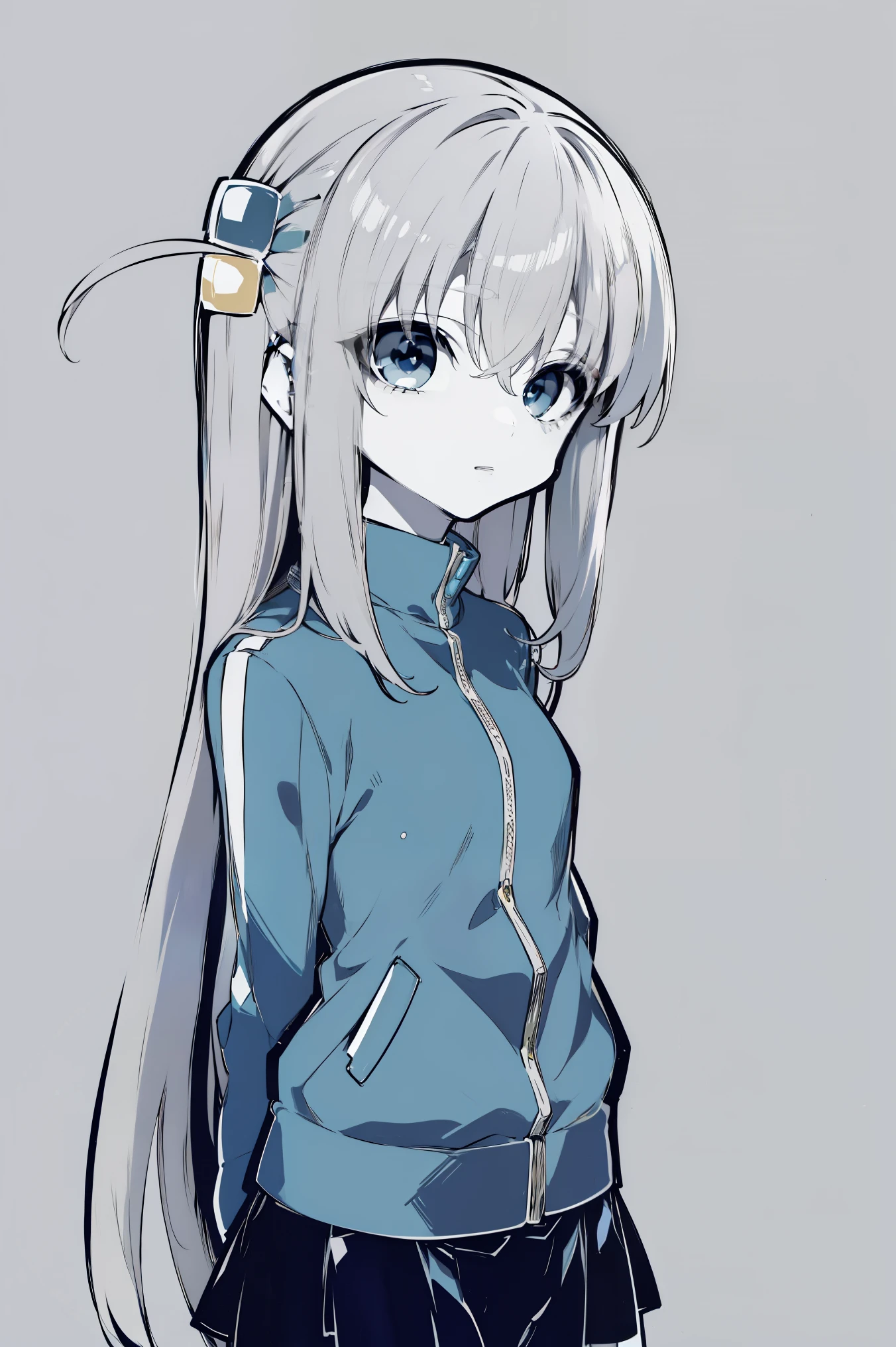 (((colored blue eyes with greyscale background))), (masterpiece, best quality, ultra quality, by mochizuki kei, bocchi), gotoh hitori, 1girl, solo, blue eyes, bangs, long hair, hair between eyes, two cube hair ornament, one side up, hair ornament, ((track jacket)), gray jacket, closed jacket, pale, blue eyes, upper body, standing, looking at viewer, straight, (arms behind back), yellow background, simple background, ((monochrome))