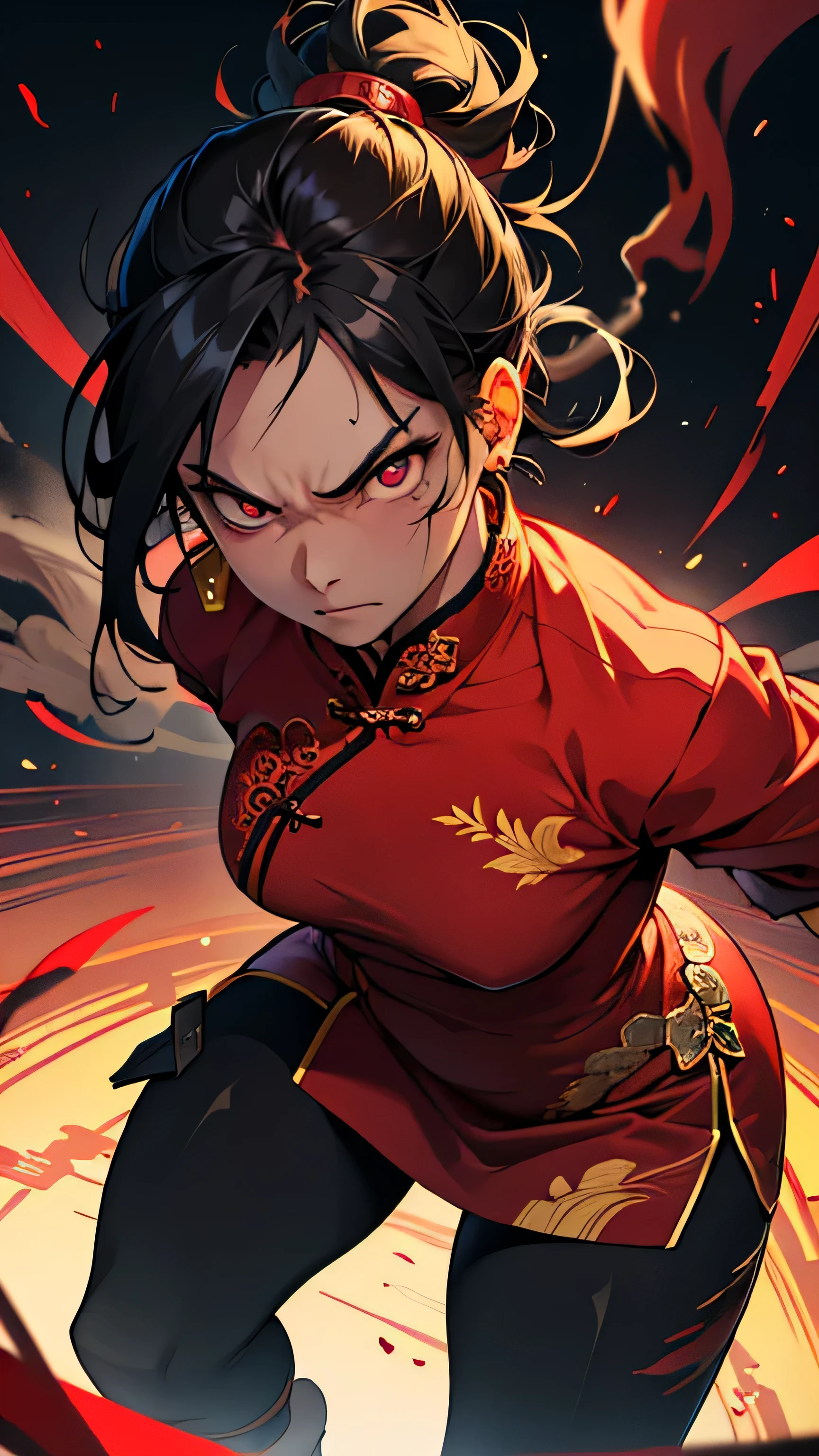 tobacco, Smoke Tube, smoking, China dress, woman, one person, 中国人woman, Tsurime, eyeball, bright, upward facing eyes, long eyelashes, anger, crazy, grumpy, panic, scar across the eye, anime, Hmm, highest quality, 8k
