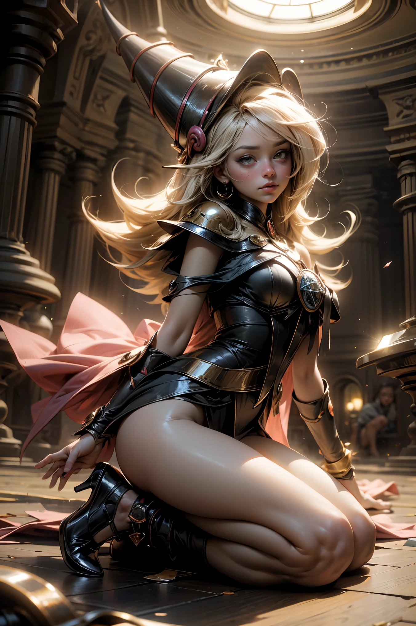 (obra maestra:1.2), (La mejor calidad:1.2), perfect lighting, Chica Maga Oscura lanzando un hechizo, en batalla. flotando en el aire, tetas medianas visibles, escote transparente, bata azul, sombrero grande, desde arriba, Destellos, Yugioh juego, The magic of the heart. LIGHTS OF THE HEART, Romantic heart. Ella usa tacones. Tiene tacones. Usa tacones 