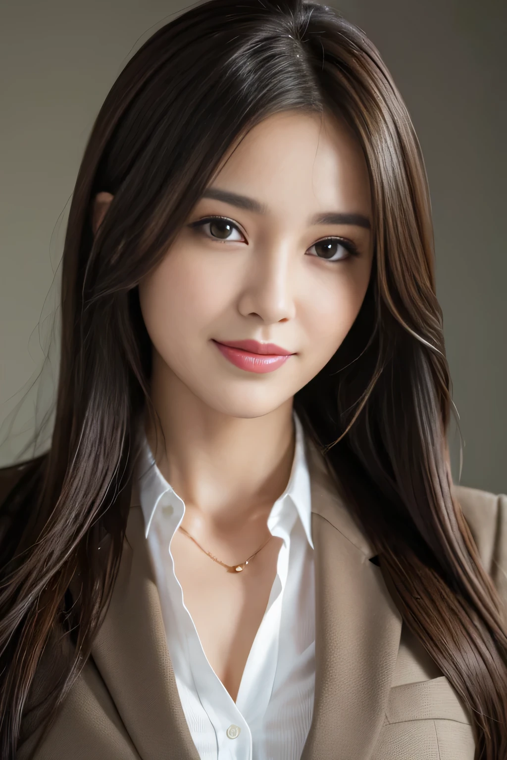 table top, highest quality, realistic, Super detailed, finely, High resolution, 8k wallpaper, 1 beautiful woman,, light brown messy hair, wearing a business suit, sharp focus, perfect dynamic composition, finelyて美しい目, thin hair, Detailed and realistic skin texture, smile, close-up portrait, model body shape
