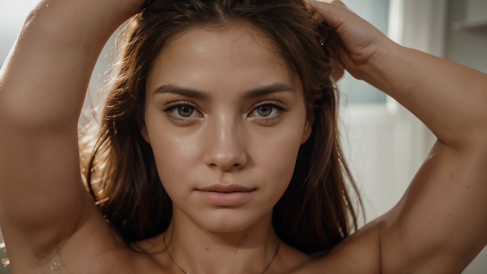 20 yers old yung girl ultra realistic detailed face apple shap body wearing frok