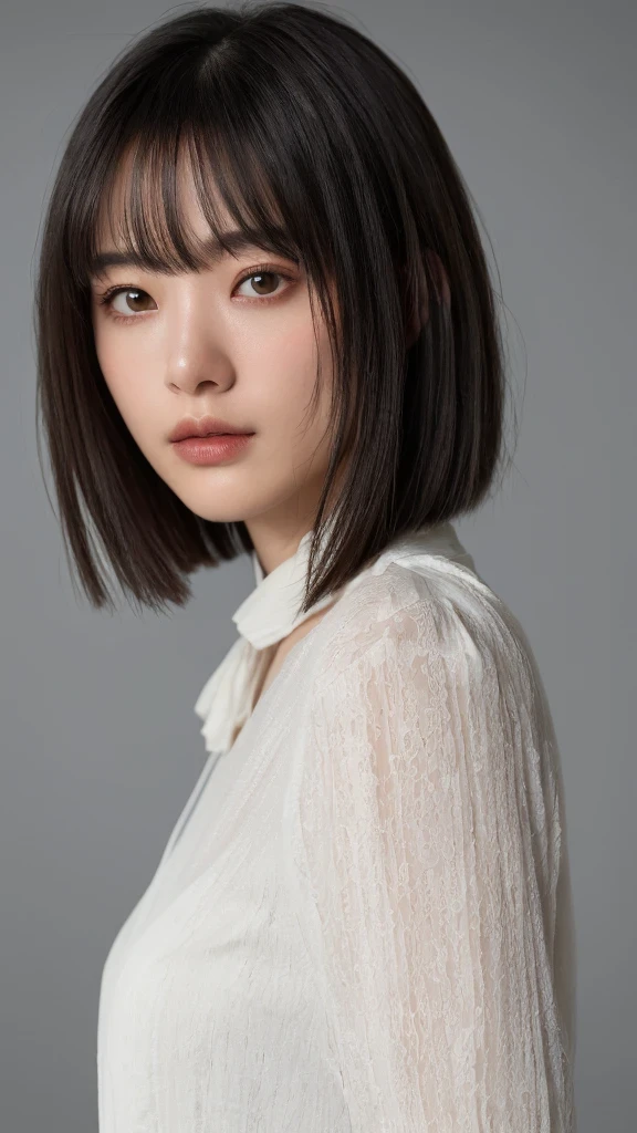 (RAW photo, highest quality), (realistic, photo-realistic:1.3),1 girl, black hair, Bangs on eyebrows, bob cut hair,realistic, 超realistic, cinematic lighting, 32K, Backlight, (bright light:1.2), (Improvement of quality:1.4), (highest qualityのリアルな質感のスキン:1.4), fine eyes, detailed face, looking here, round face,blouse, (Enhances the beauty of skin texture:1.1),simple background