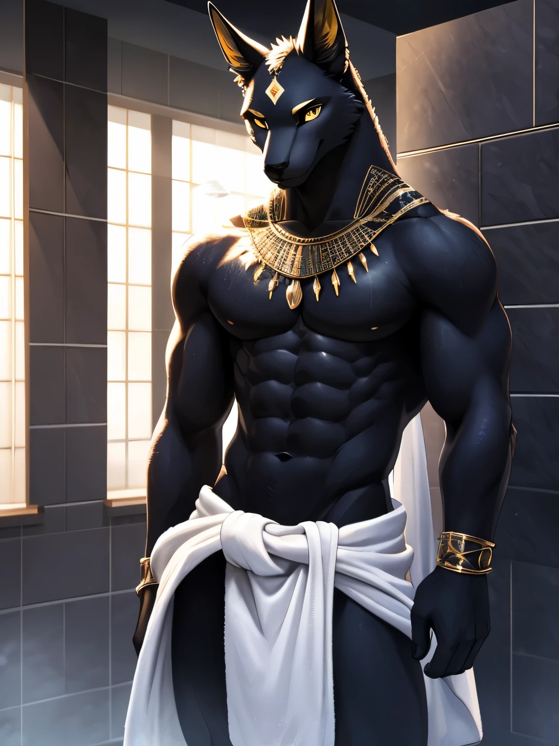 4k, ,8K, A high resolution, best quality, perfect colors, perfect shadows, perfect lighting, male, furry, Anubis anthro, Black fur, solo, Yellow eyes, (Realistic eye details 1.2), Shower Room, topless, Wrap around a bath White towel, Full body like, Slim body, abs, ultra detailed face, depth of field, motion blur, high details, high quality, award winning, HD, 16k, (best quality,4k,8k,highres,masterpiece:1.2),ultra-detailed,realistic:1.37,HDR,UHD,studio lighting,extreme detail description,professional,vivid colors,bokeh,lively atmosphere, natural lighting, smile, looking at viewer, (solo:1.2)