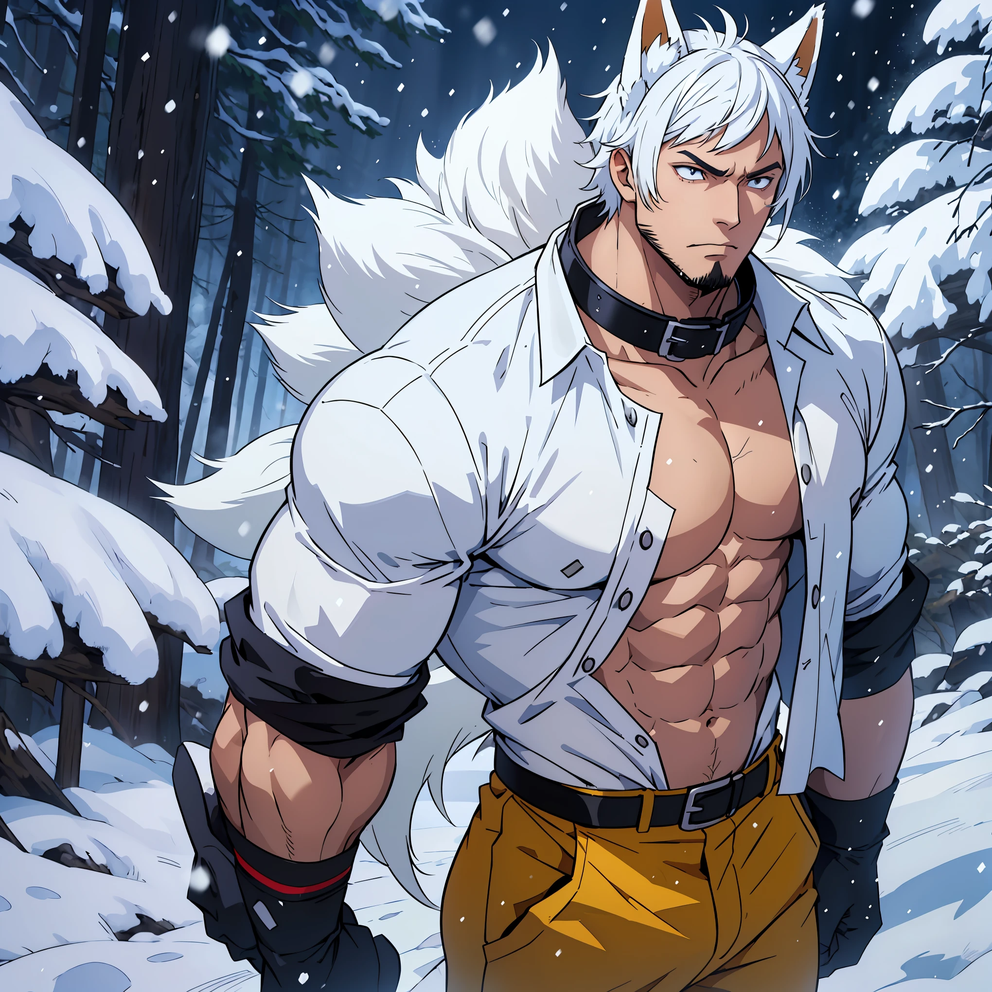 anime guy with white hair and fox ears and collar, ( all body), young guy, hair with bangs, masculine but young, without beard, wearing an unbuttoned t-shirt, muscular chest sample, tight pants, in a snowing place, trees with snow in the background,
