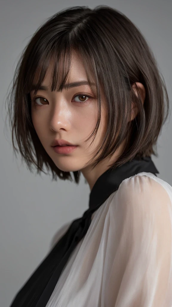 (RAW photo, highest quality), (realistic, photo-realistic:1.3),1 girl, black hair, Bangs on eyebrows, bob cut hair,realistic, 超realistic, cinematic lighting, 32K, Backlight, (bright light:1.2), (Improvement of quality:1.4), (highest qualityのリアルな質感のスキン:1.4), fine eyes, detailed face, looking here, round face,blouse, (Enhances the beauty of skin texture:1.1),simple background