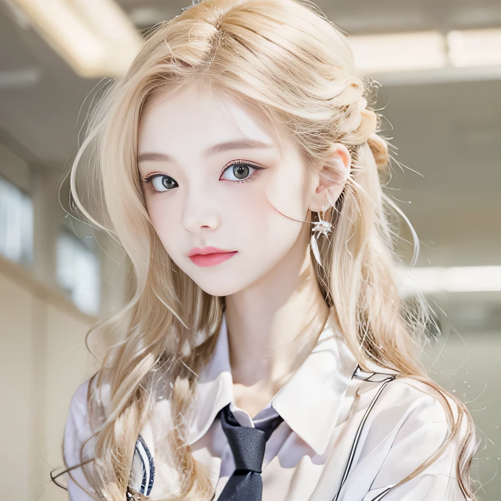 8k)、(best image quality:1.5)、gray background、close up of face、1girl、masterpiece、delicate and sharp eyes、brown eyes、eye power、delicate face、cup、attractive face、platinum blonde hair、Semi-long wave、japanese school uniform、white school uniform、School uniform that shows the collarbone、gal、Emphasis on the clavicle、earringeanwhile、