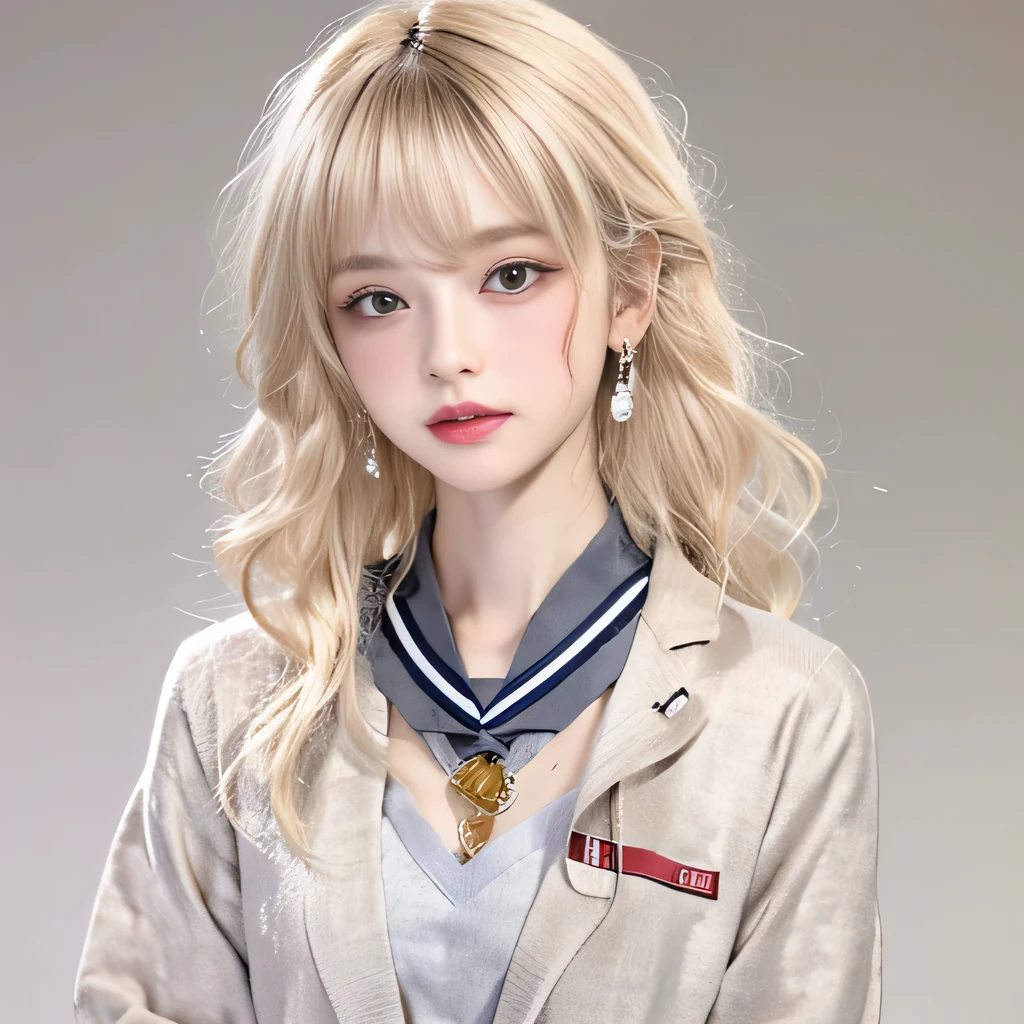 8k)、(best image quality:1.5)、gray background、close up of face、1girl、masterpiece、delicate and sharp eyes、brown eyes、eye power、delicate face、cup、attractive face、platinum blonde hair、Semi-long wave、japanese school uniform、white school uniform、School uniform that shows the collarbone、gal、Emphasis on the clavicle、earringeanwhile、