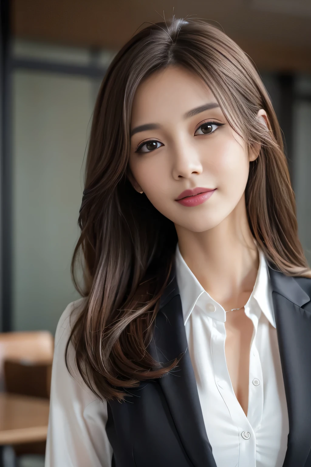 table top, highest quality, realistic, Super detailed, finely, High resolution, 8k wallpaper, 1 beautiful woman,, light brown messy hair, wearing a business suit, sharp focus, perfect dynamic composition, finelyて美しい目, thin hair, Detailed and realistic skin texture, smile, close-up portrait, model body shape