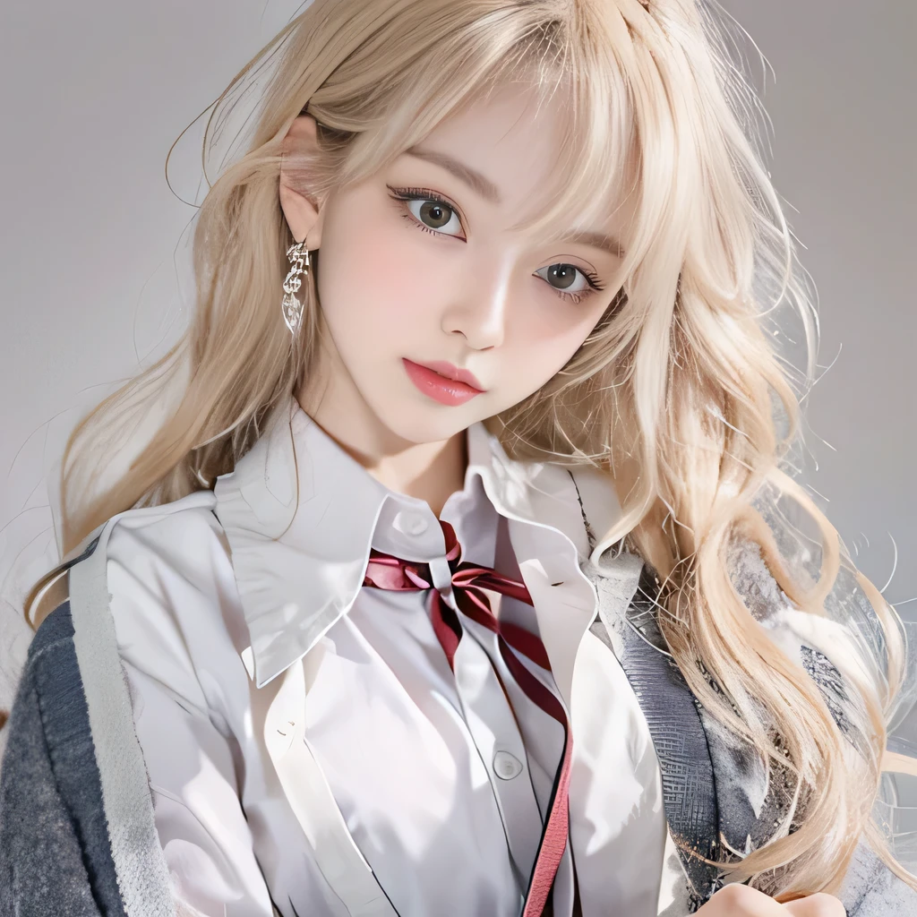 8k)、(best image quality:1.5)、gray background、close up of face、1girl、masterpiece、delicate and sharp eyes、brown eyes、eye power、delicate face、cup、attractive face、platinum blonde hair、Semi-long wave、japanese school uniform、white school uniform、School uniform that shows the collarbone、gal、Emphasis on the clavicle、earringeanwhile、