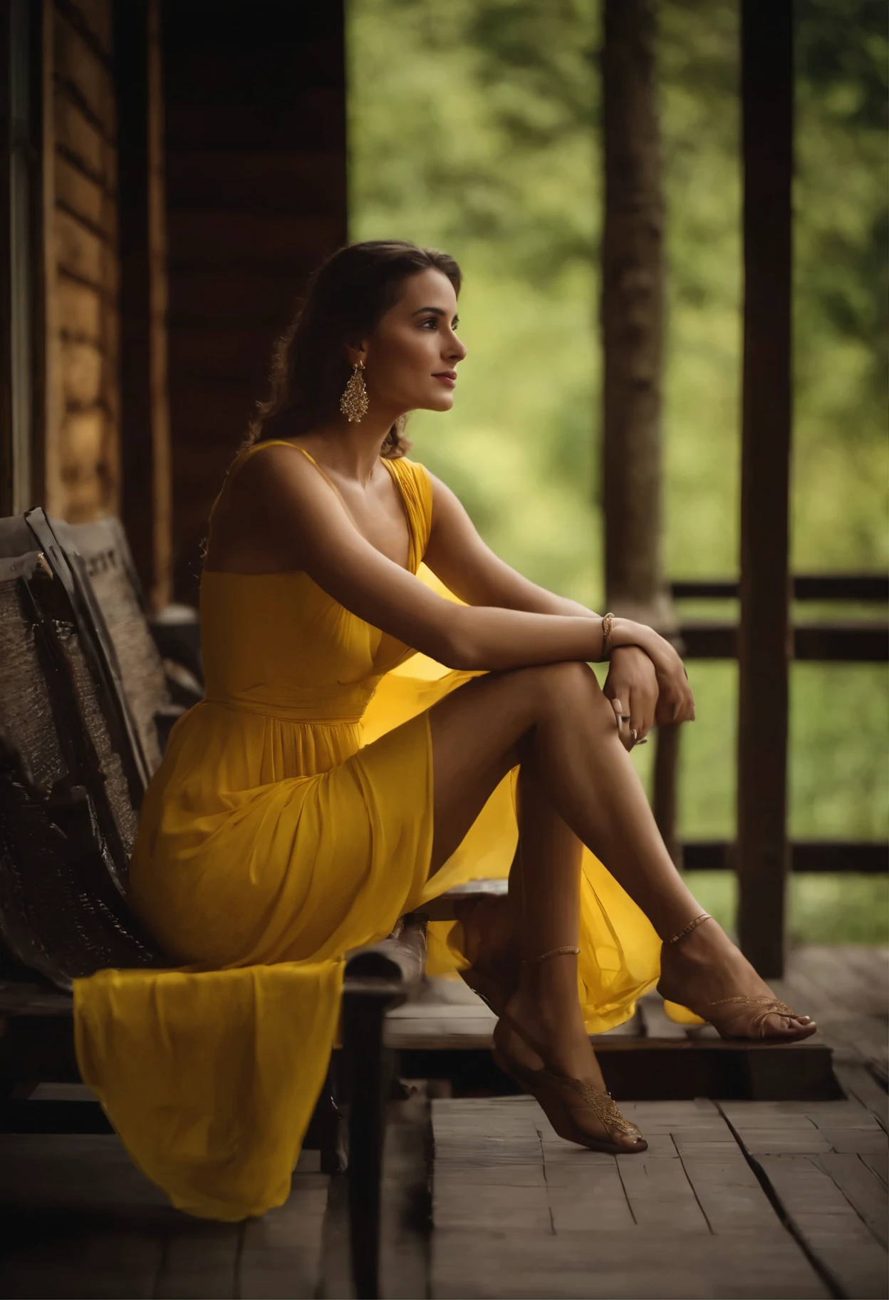 Girl in yellow gown sitting at the porch