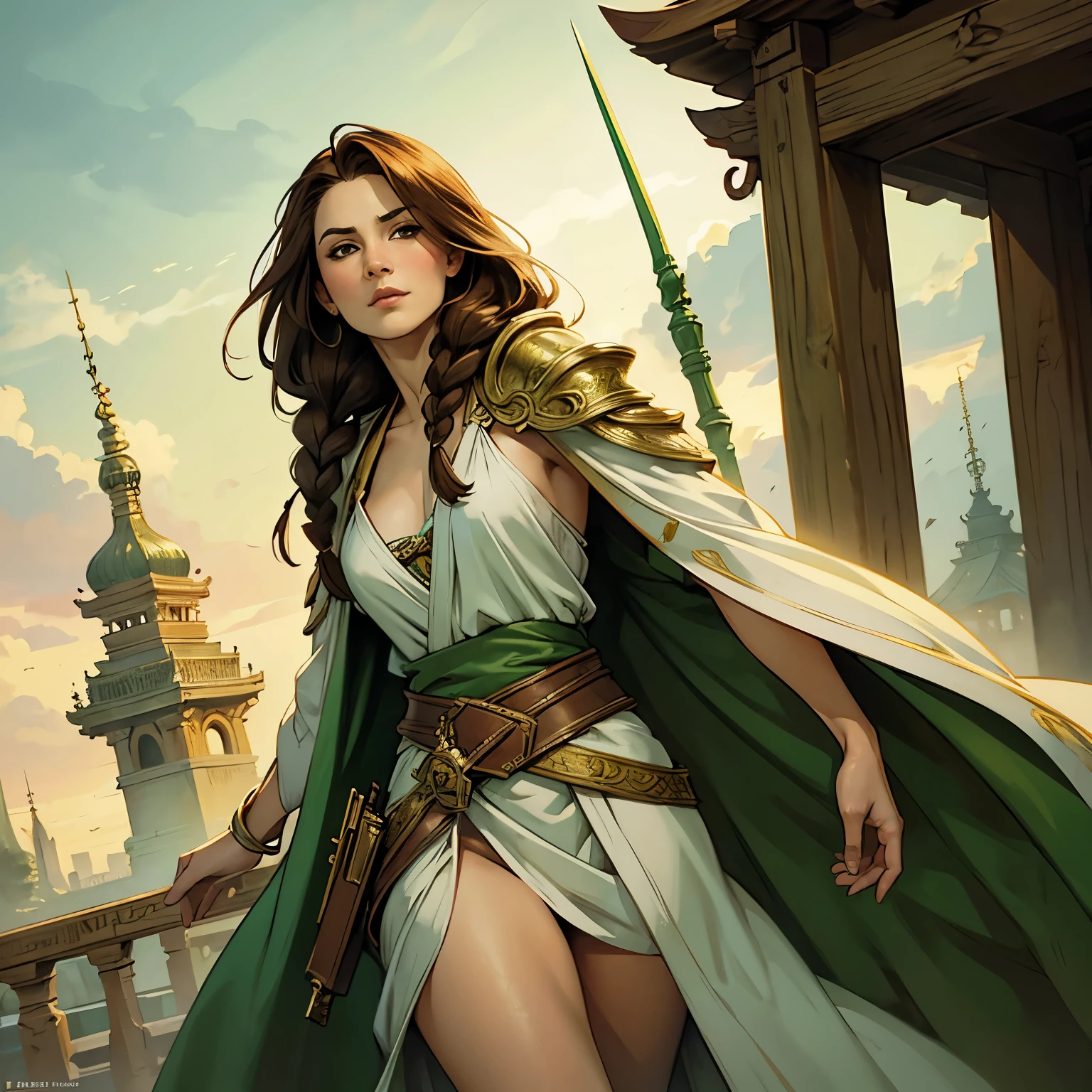 Woman with oval head shape, narrow chin, brown hair in very long braid, green and white robe, wooden temple of sex, art by Luis Royo, art by Greg Rutkowsky