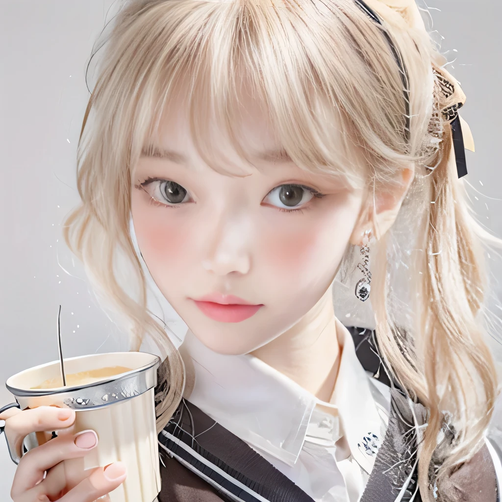 8k）、（best image quality:1.5）、gray background、close up of face、１girl、masterpiece、delicate and sharp eyes、brown eyes、eye power、delicate face、cup、attractive face、platinum blonde hair、Semi-long wave、japanese school uniform、white school uniform、School uniform that shows the collarbone、gal、Emphasis on the clavicle、earringeanwhile、