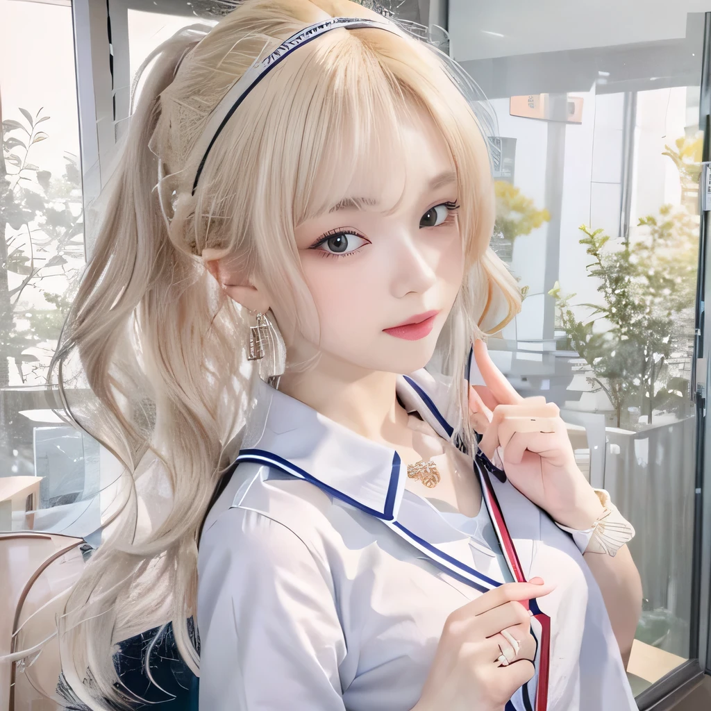 8k)、(best image quality:1.5)、gray background、close up of face、1girl、masterpiece、delicate and sharp eyes、brown eyes、eye power、delicate face、cup、attractive face、platinum blonde hair、Semi-long wave、japanese school uniform、white school uniform、School uniform that shows the collarbone、gal、Emphasis on the clavicle、earringeanwhile、