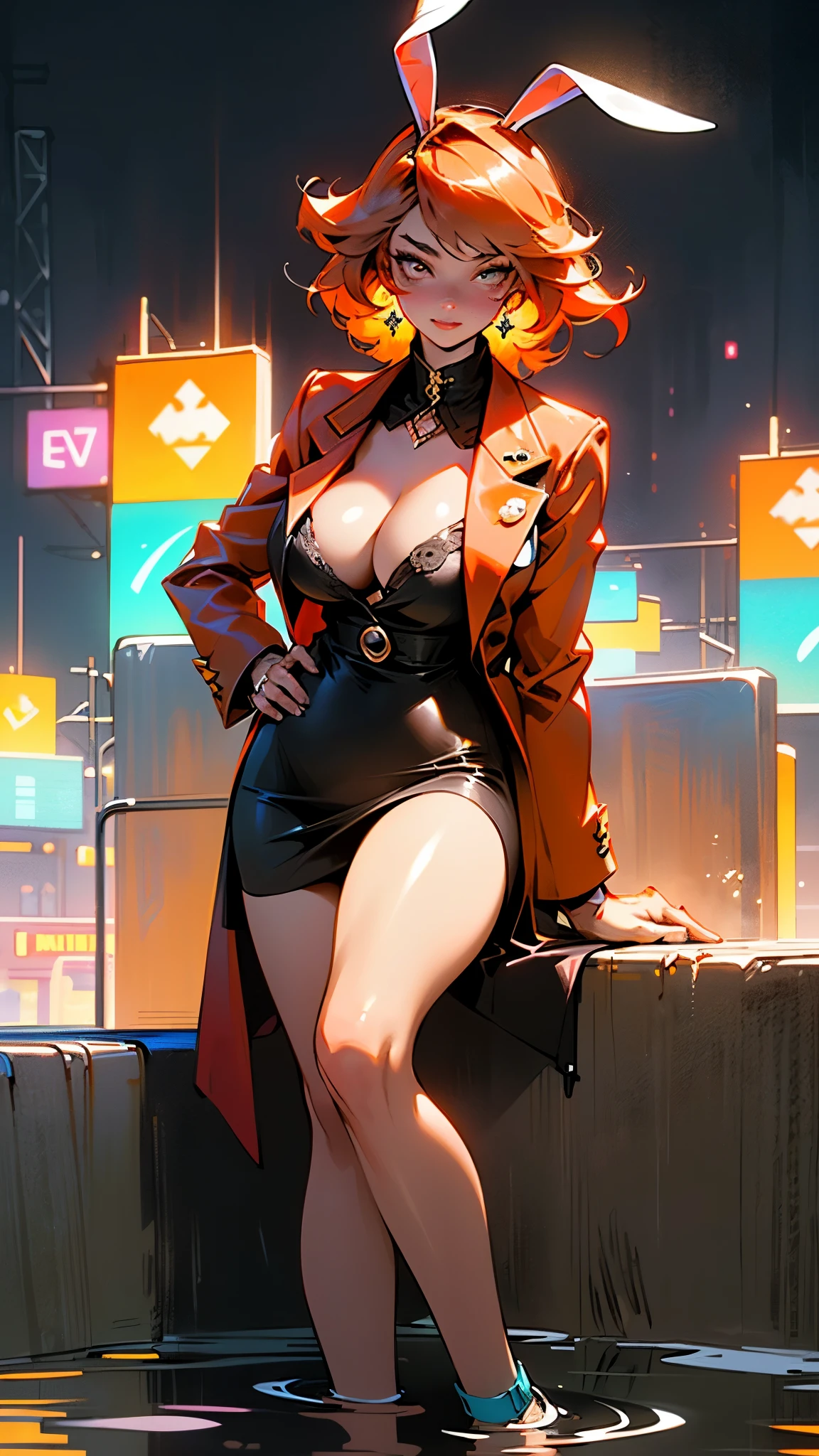 cute bunny girl,(((1girl))),((bunny girl with extremely cute and beautiful orange hair)),(((bunny girl,anthro furry cute,bunny-girl,bunny ears,bunny ears on head,big bunny ears))),
(large breasts:1.4),saggy breasts,(((red orange hair:1.35,colored inner hair,ear breathing,large hair))),((heterochromia:1.5, (red_eye and orange_eye))),intricate eyes,beautiful detailed eyes,symmetrical eyes,big eyes:1.3,((fat)),(((lustrous skin:1.5,bright skin: 1.5,skin tanned,shiny skin,very shiny skin,shiny body,plastic glitter skin,exaggerated shiny skin,illuminated skin,wet legs))),(spider lower abdomen,narrow waist,wide hip,athletic body,inflated legs, thick thighs,detailed body,(detailed face)),
cute,slutty,seductive,erotic,(((nsfw))),
(((wearing dark red formal blazer,short skirt,))),(((huge cleavage))),((wet clothes,intricate outfit,intricate clothes)),
(dynamic pose:1.0),solo focus,embarrassed,(centered,scale to fit dimensions,Rule of thirds),
cyberpunk city by the ocean at night, with bright neon signs and dark stormy clouds and puddles, scenery:1.25,nighttime, starry night, cosmos,Very dark night that makes the neon lights stand out, very bright neon lights,nighttime, starry night, cosmos,
artistic photography,(photography taken by sldr),highres, sharp focus,(ultra detailed, extremely detailed), (photorealistic artwork:1.37),(extremely detailed CG unity 8k wallpaper),((synthwave background theme)),(((vibrant colors))),intricate,(intricate background),(masterpiece),(best quality),perfect rendered face,perfect face details,realistic face,photo realistic,analog style,((intricate detail)),(((realism))),