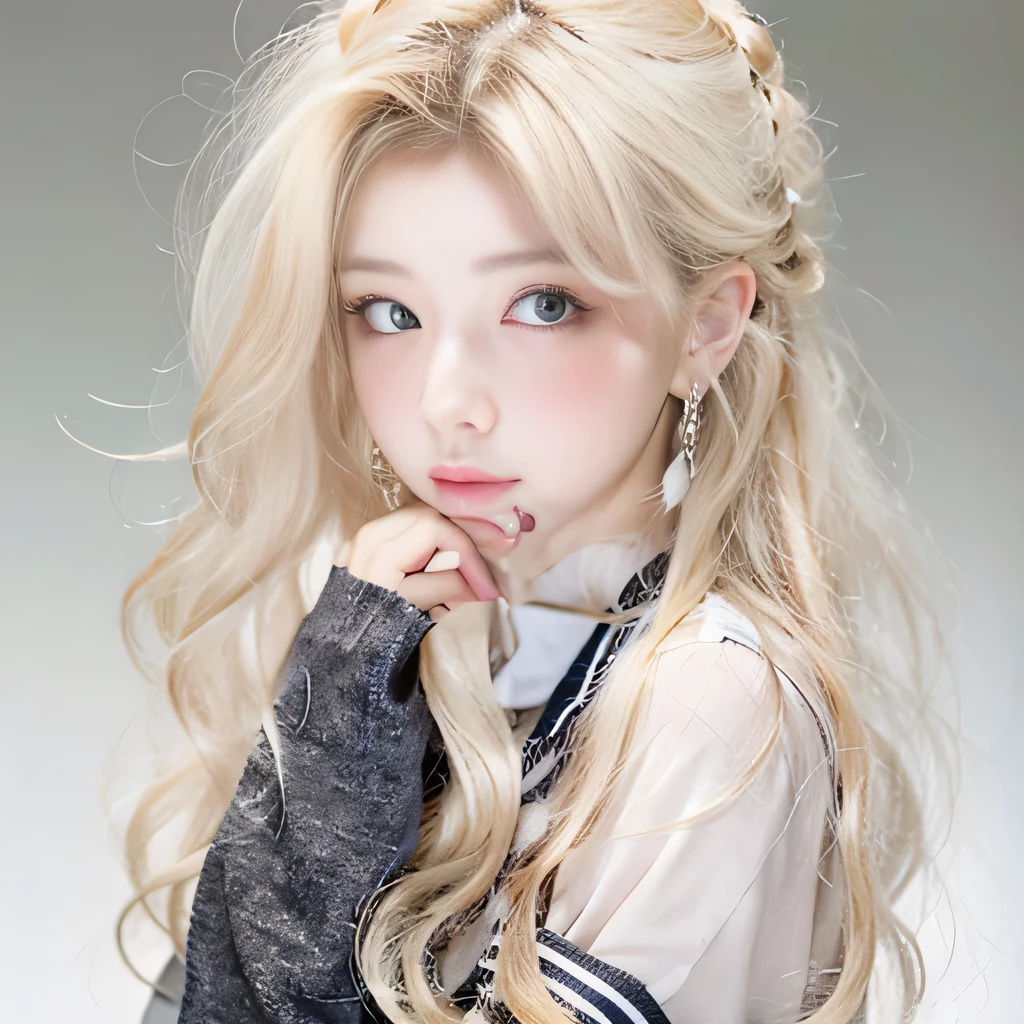 8k)、(best image quality:1.5)、gray background、close up of face、1girl、masterpiece、delicate and sharp eyes、brown eyes、eye power、delicate face、cup、attractive face、platinum blonde hair、Semi-long wave、japanese school uniform、white school uniform、School uniform that shows the collarbone、gal、Emphasis on the clavicle、earringeanwhile、