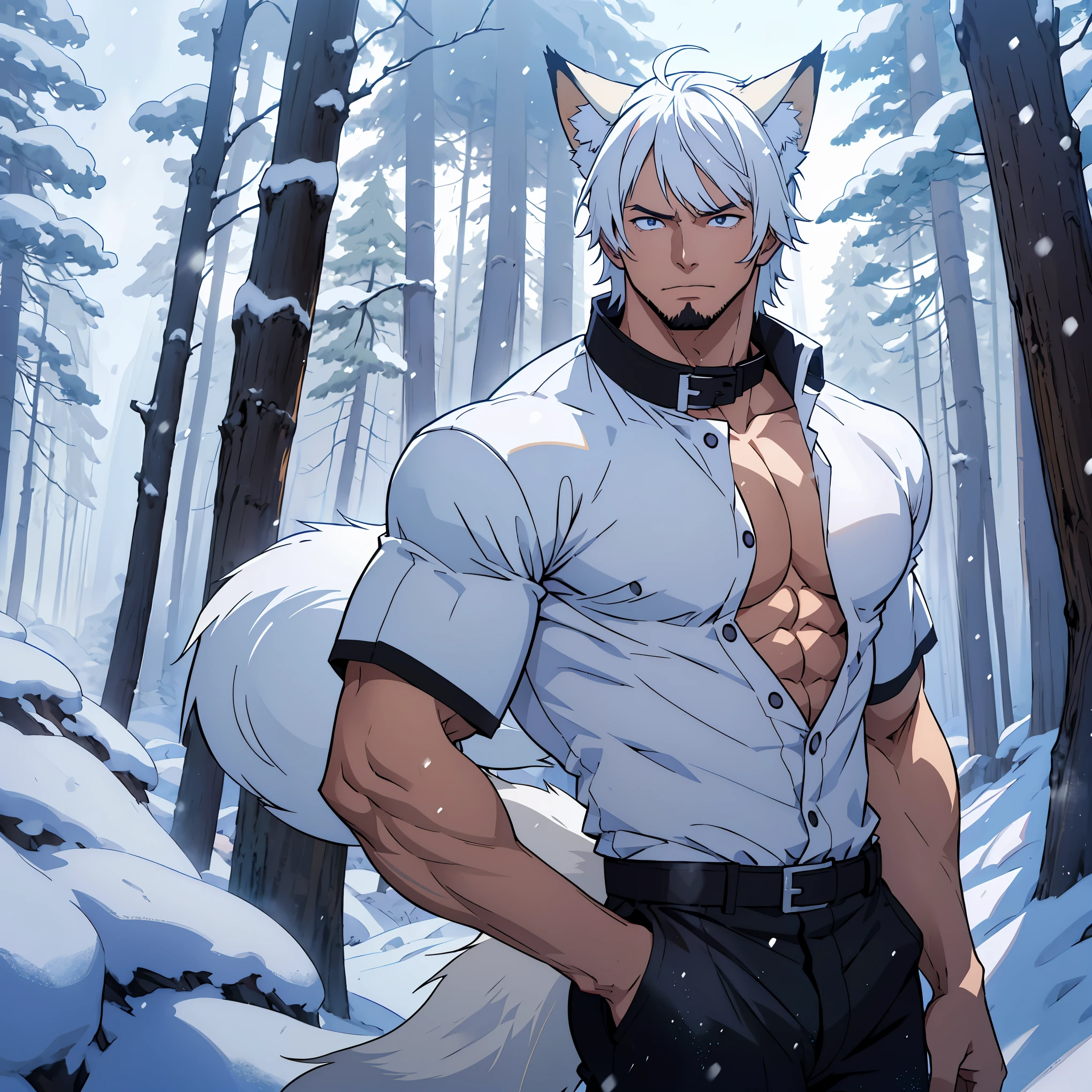 anime guy with white hair and fox ears and collar, ( all body), young guy, hair with bangs,  masculine but young, without beard, wearing an unbuttoned t-shirt, muscular chest sample, tight pants, in a snowing place, trees with snow in the background, 