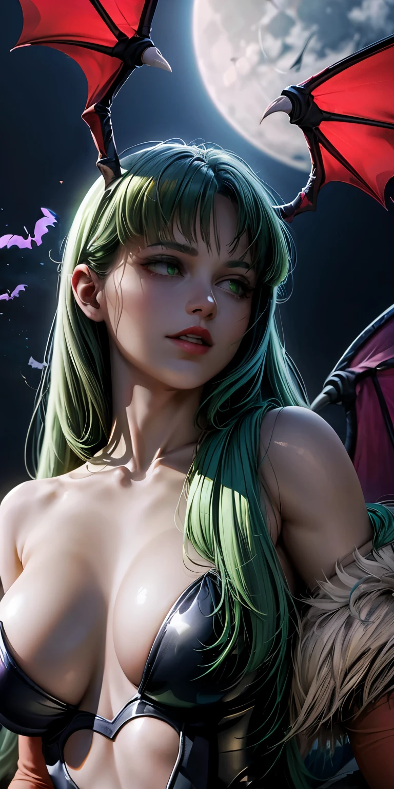 In the background the black night sky with purple bats flying in the distance.