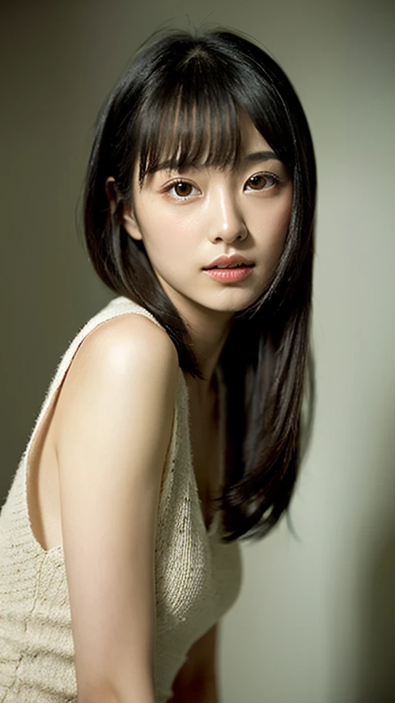 (RAW photo, highest quality), (realistic, photo-realistic:1.3),1 girl, black hair, Bangs on eyebrows, straight long hair,realistic, 超realistic, cinematic lighting, 32K, Backlight, (bright light:1.2), (Improvement of quality:1.4), (highest qualityのリアルな質感のスキン:1.4), fine eyes, detailed face, looking here, round face,blouse, (Enhances the beauty of skin texture:1.1),simple background