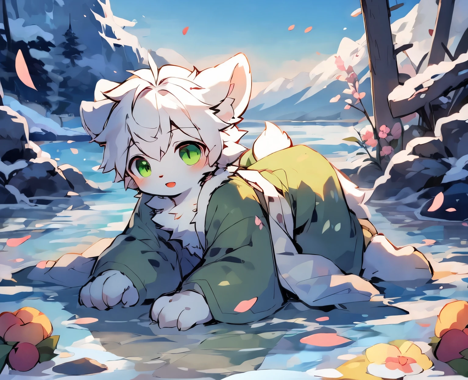 A white deer，deer antlers，rios，mountain ranges，long white robe，Green eyes，blue-sky，White petals，Melting of ice and snow，Melting of ice and snow，Shota，adolable，White pear blossom tree，Shota，adolable，Green clothing，White ears，Fluffy ears，Petals fall all over the ground，The petals float in the air，flowing river，Peach tree，looking toward the viewer