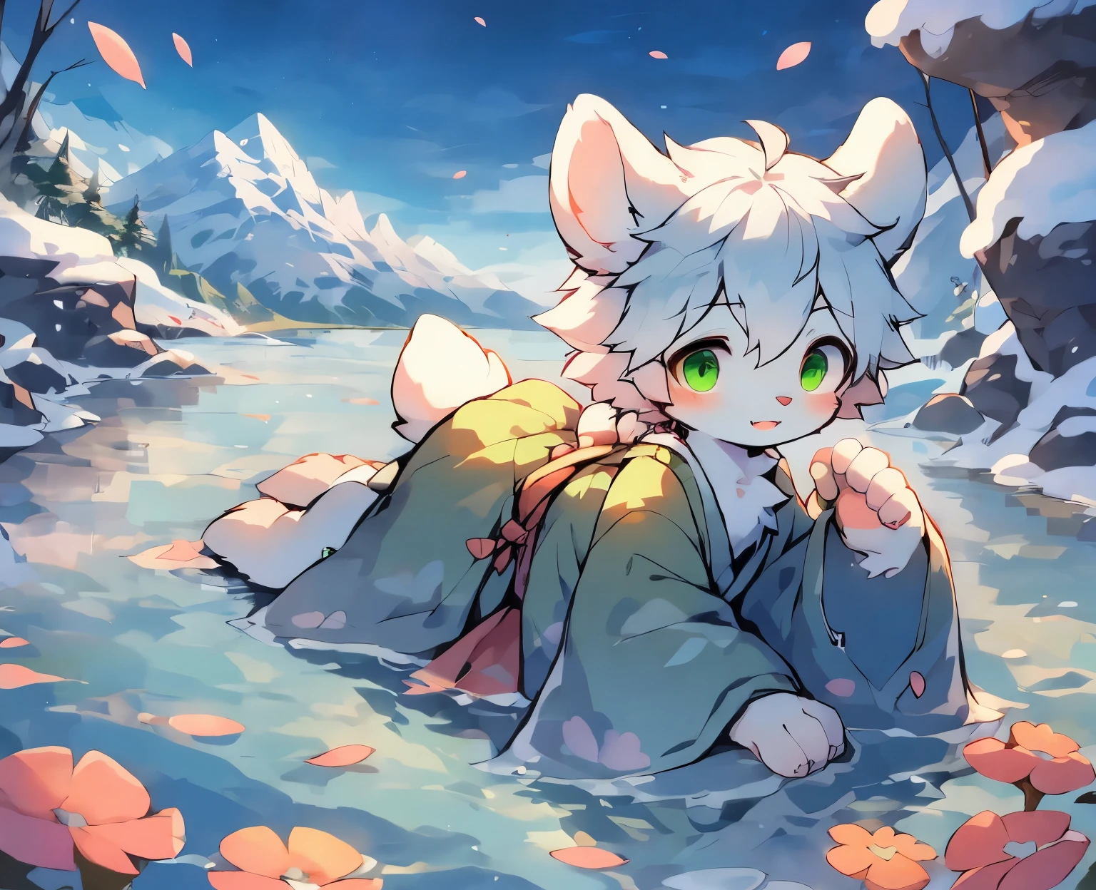A white deer,deer antlers,rios,mountain ranges,long white robe,Green eyes,blue-sky,White petals,Melting of ice and snow,Melting of ice and snow,Shota,adolable,White pear blossom tree,Shota,adolable,Green clothing,White ears,Fluffy ears,Petals fall all over the ground,The petals float in the air,flowing river,Peach tree,looking toward the viewer
