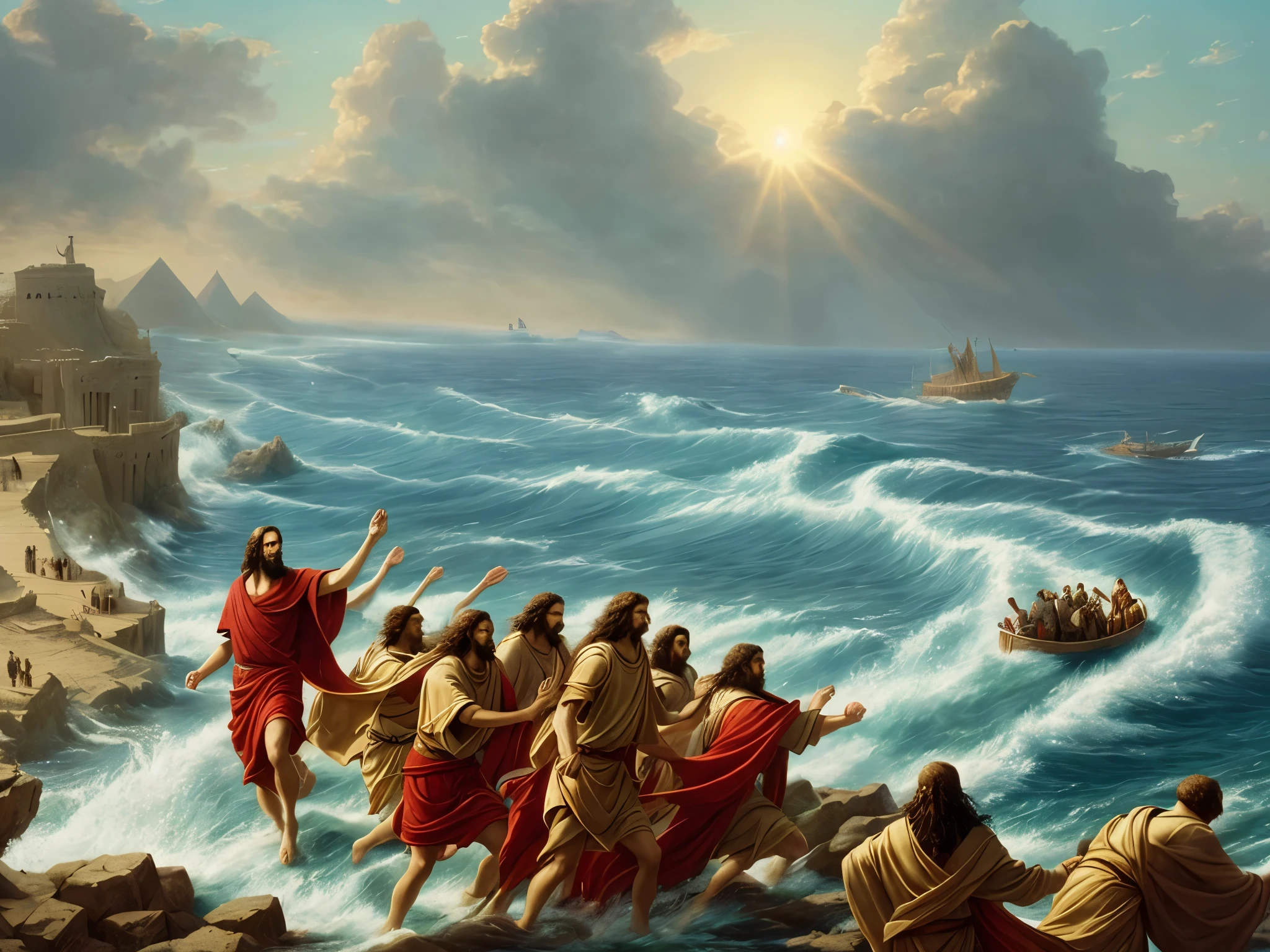Moses parting the Red Sea high resolution image with his disciples crossing the sea.  imagem clara, with a mysterious air fleeing from the Egyptians on a clear day