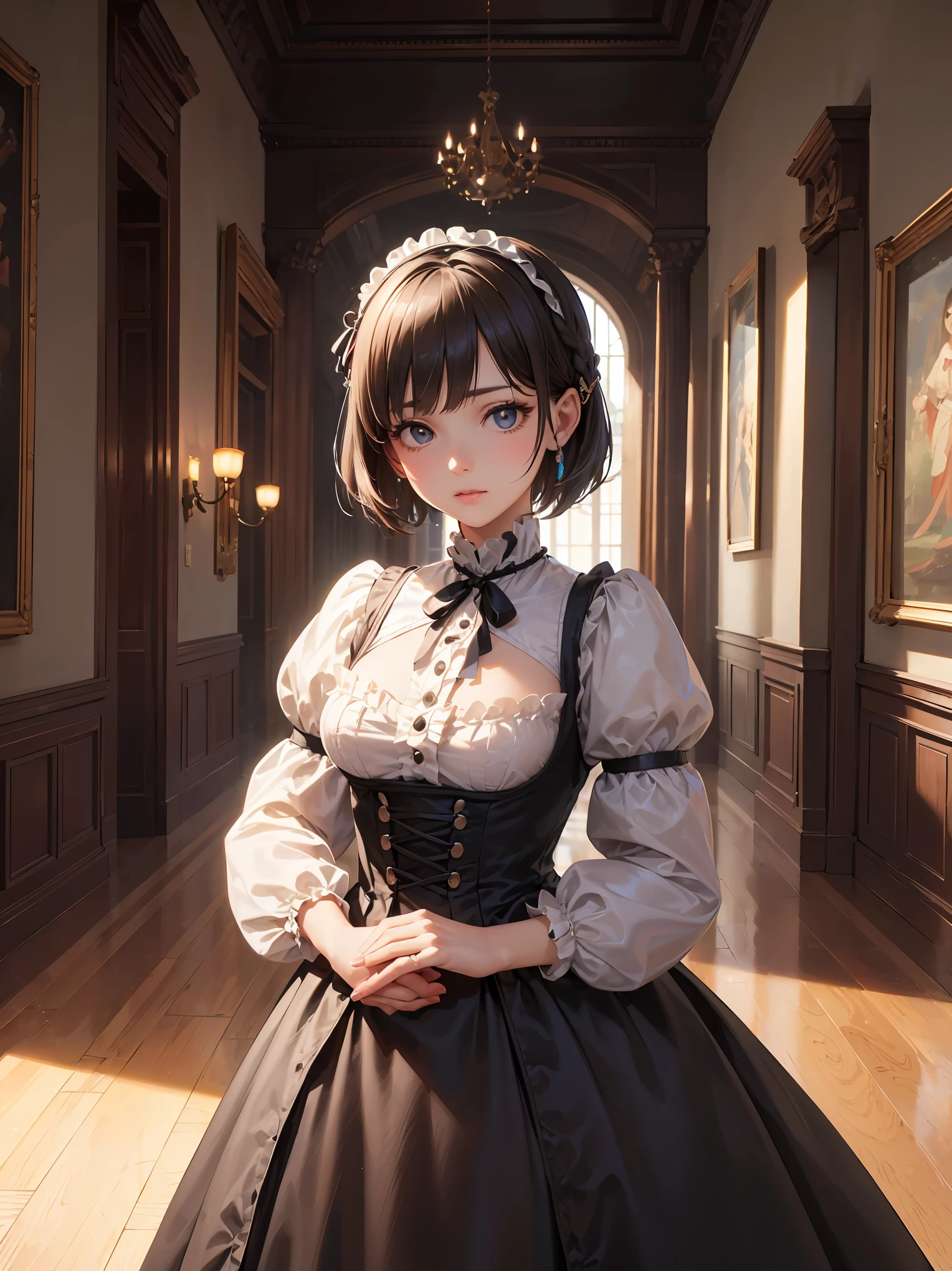 (highest quality、16K、masterpiece、ultra high resolution、Victorian era、Photoreal:1.2)、cowboy shot、One length bob cut braided hair clip with front drop、big ribbon、brand stylish dresses cute、clear、 Tsundere、heroine attributes、artistic shadow