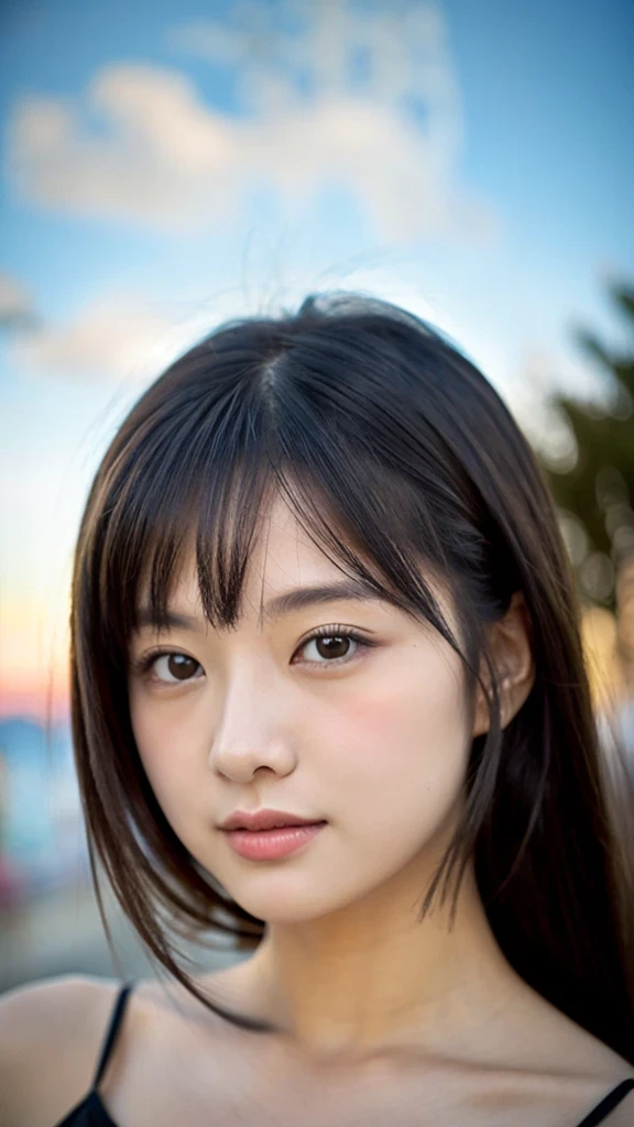 (RAW photo, highest quality), (realistic, photo-realistic:1.3),1 girl, black hair, Bangs on eyebrows, straight long hair,realistic, 超realistic, cinematic lighting, 32K, Backlight, (bright light:1.2), (Improvement of quality:1.4), (highest qualityのリアルな質感のスキン:1.4), fine eyes, detailed face, looking here, round face,blouse, (Enhances the beauty of skin texture:1.1),simple background