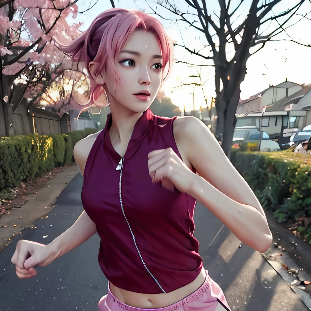 Masterpiece, textured skin, super detail, high detail, high quality, best quality, 1080p, 16k, ((jogging))  adult. Haruno sakura . outfit jogging pink sexy . Sakura jogging, Sakura pink hair. Jogging run,  jogging style, sport, run, jogging, sakura jogging style