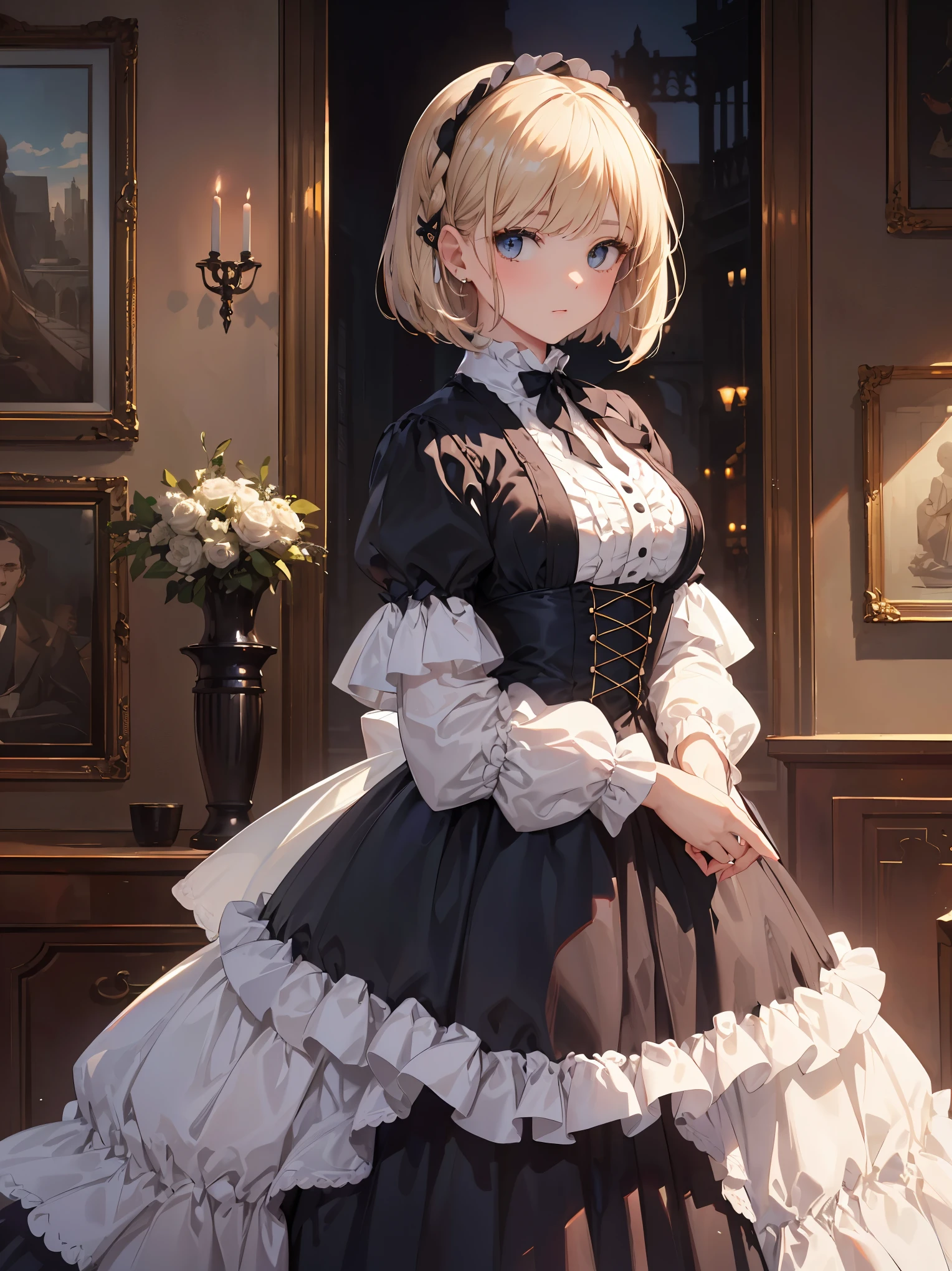 (highest quality、16K、masterpiece、ultra high resolution、Victorian era、Photoreal:1.2)、cowboy shot、One length bob cut braided hair clip with front drop、big ribbon、brand stylish dresses cute、clear、 Tsundere、heroine attributes、artistic shadow