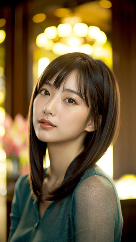 (RAW photo, highest quality), (realistic, photo-realistic:1.3),1 girl, black hair, Bangs on eyebrows, straight long hair,realistic, 超realistic, cinematic lighting, 32K, Backlight, (bright light:1.2), (Improvement of quality:1.4), (highest qualityのリアルな質感のスキン:1.4), fine eyes, detailed face, looking here, round face,blouse, (Enhances the beauty of skin texture:1.1),simple background