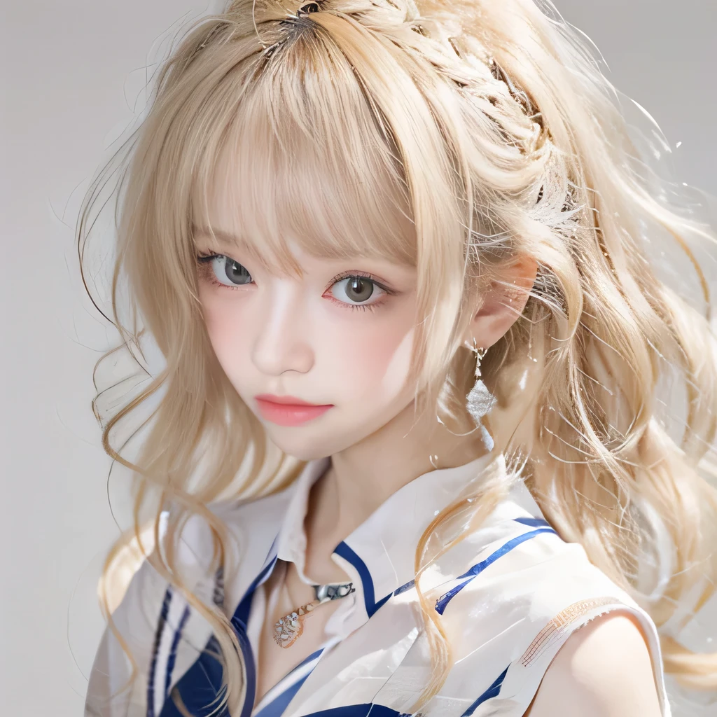 8k）、（best image quality:1.5）、gray background、close up of face、１girl、masterpiece、delicate and sharp eyes、brown eyes、eye power、delicate face、cup、attractive face、platinum blonde hair、Semi-long wave、japanese school uniform、white school uniform、School uniform that shows the collarbone、gal、Emphasis on the clavicle、earringeanwhile、