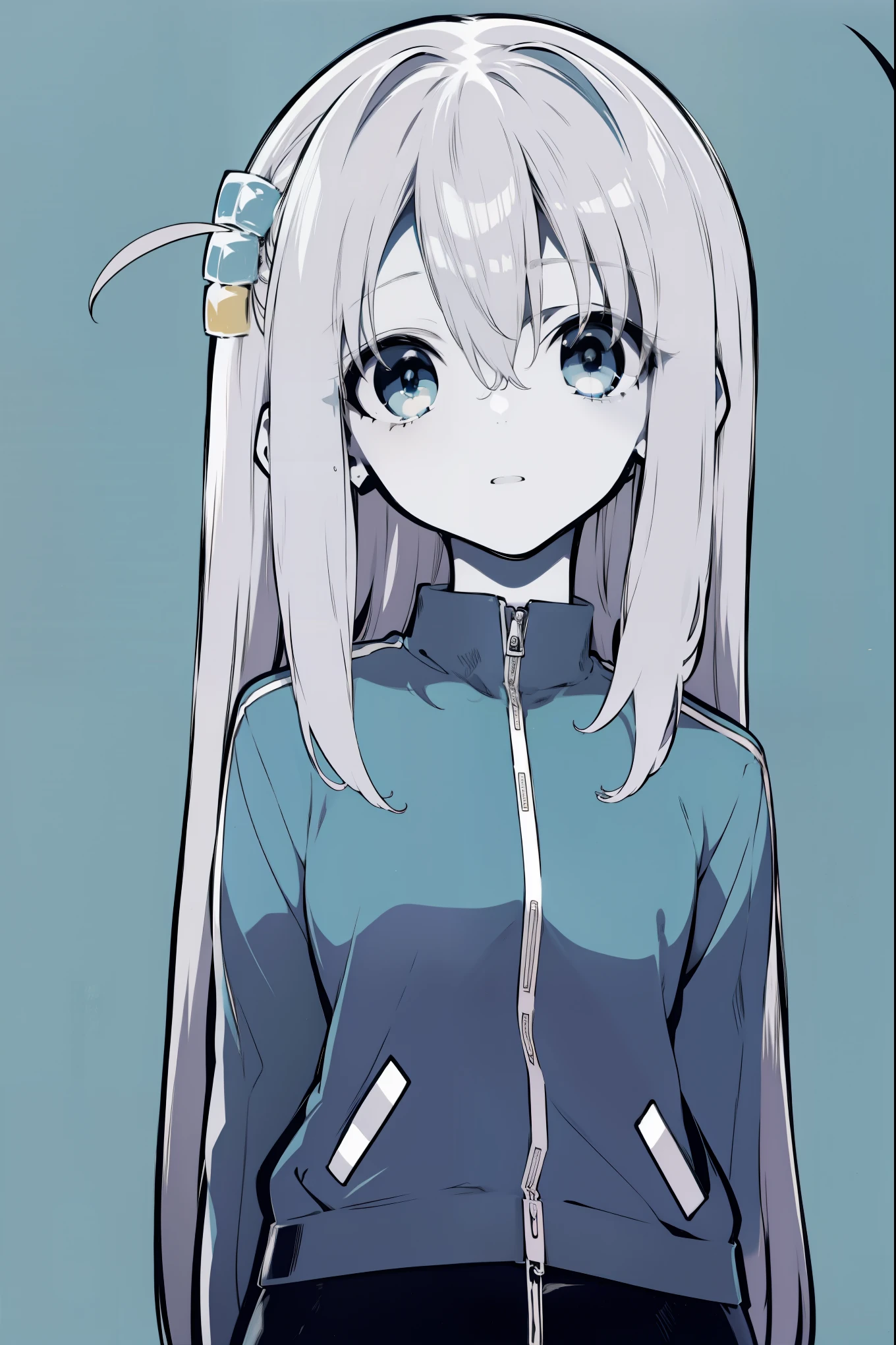 (((colored blue eyes with greyscale background))), (masterpiece, best quality, ultra quality, by mochizuki kei, bocchi), gotoh hitori, 1girl, solo, blue eyes, bangs, long hair, hair between eyes, two cube hair ornament, one side up, hair ornament, ((track jacket)), gray jacket, closed jacket, pale, blue eyes, upper body, standing, looking at viewer, straight, (arms behind back), yellow background, simple background, ((monochrome))