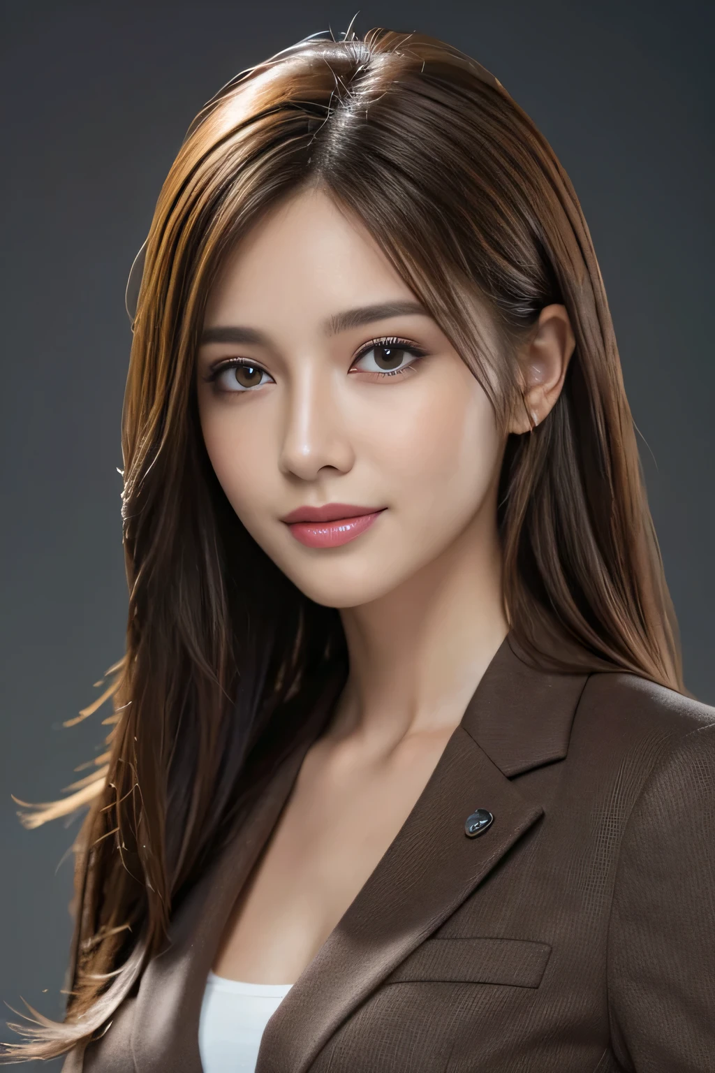 table top, highest quality, realistic, Super detailed, finely, High resolution, 8k wallpaper, 1 beautiful woman,, light brown messy hair, wearing a business suit, sharp focus, perfect dynamic composition, finelyて美しい目, thin hair, Detailed and realistic skin texture, smile, close-up portrait, model body shape
