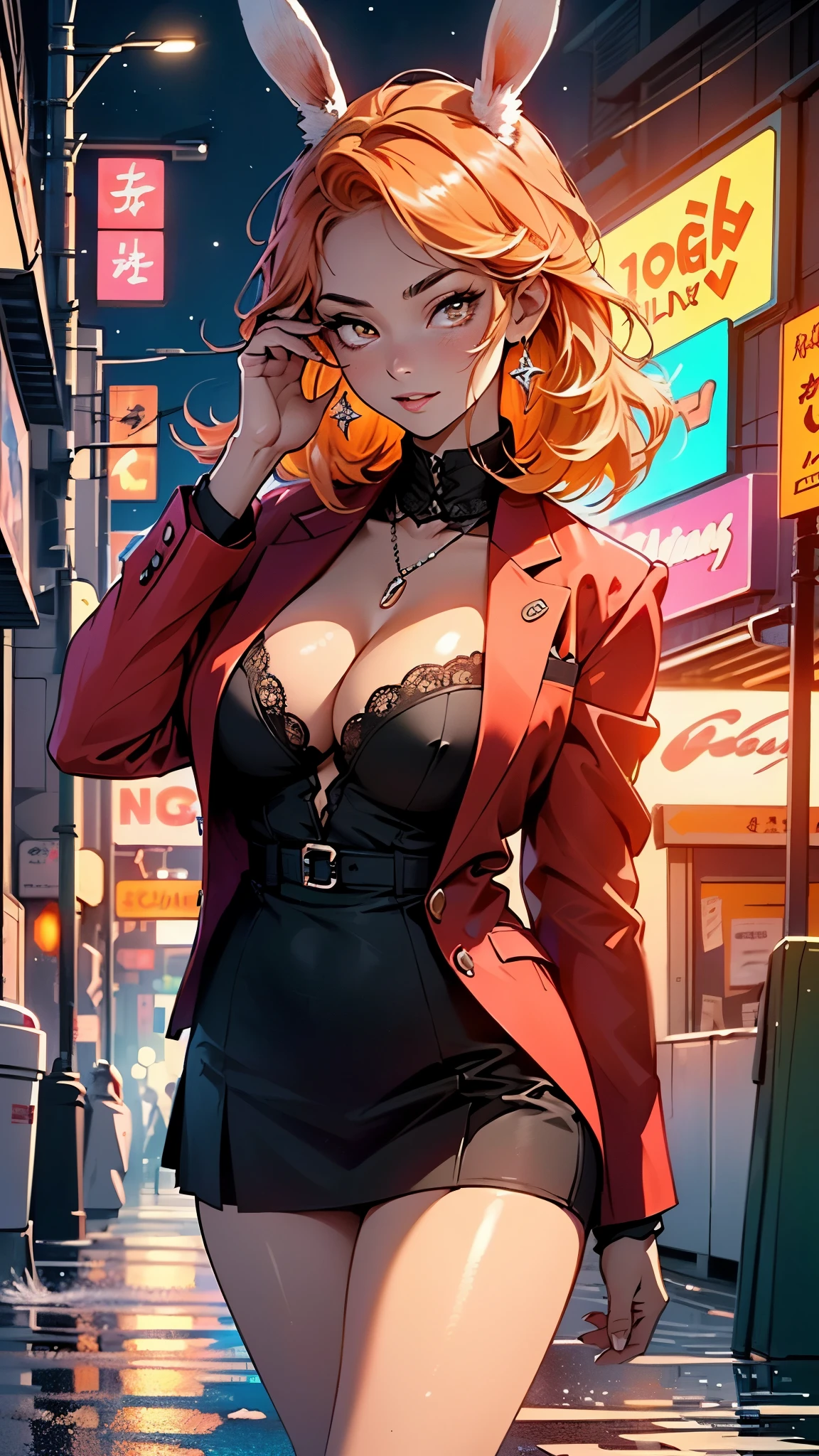 cute bunny girl,(((1girl))),((bunny girl with extremely cute and beautiful orange hair)),(((bunny girl,anthro furry cute,bunny-girl,bunny ears,bunny ears on head,big bunny ears))),
(large breasts:1.4),saggy breasts,(((red orange hair:1.35,colored inner hair,ear breathing,large hair))),((heterochromia:1.5, (red_eye and orange_eye))),intricate eyes,beautiful detailed eyes,symmetrical eyes,big eyes:1.3,((fat)),(((lustrous skin:1.5,bright skin: 1.5,skin tanned,shiny skin,very shiny skin,shiny body,plastic glitter skin,exaggerated shiny skin,illuminated skin,wet legs))),(spider lower abdomen,narrow waist,wide hip,athletic body,inflated legs, thick thighs,detailed body,(detailed face)),
cute,slutty,seductive,erotic,(((nsfw))),
(((wearing dark red formal blazer,short skirt,))),(((huge cleavage))),((wet clothes,intricate outfit,intricate clothes)),
(dynamic pose:1.0),solo focus,embarrassed,(centered,scale to fit dimensions,Rule of thirds),
cyberpunk city by the ocean at night, with bright neon signs and dark stormy clouds and puddles, scenery:1.25,nighttime, starry night, cosmos,Very dark night that makes the neon lights stand out, very bright neon lights,nighttime, starry night, cosmos,
artistic photography,(photography taken by sldr),highres, sharp focus,(ultra detailed, extremely detailed), (photorealistic artwork:1.37),(extremely detailed CG unity 8k wallpaper),((synthwave background theme)),(((vibrant colors))),intricate,(intricate background),(masterpiece),(best quality),perfect rendered face,perfect face details,realistic face,photo realistic,analog style,((intricate detail)),(((realism))),