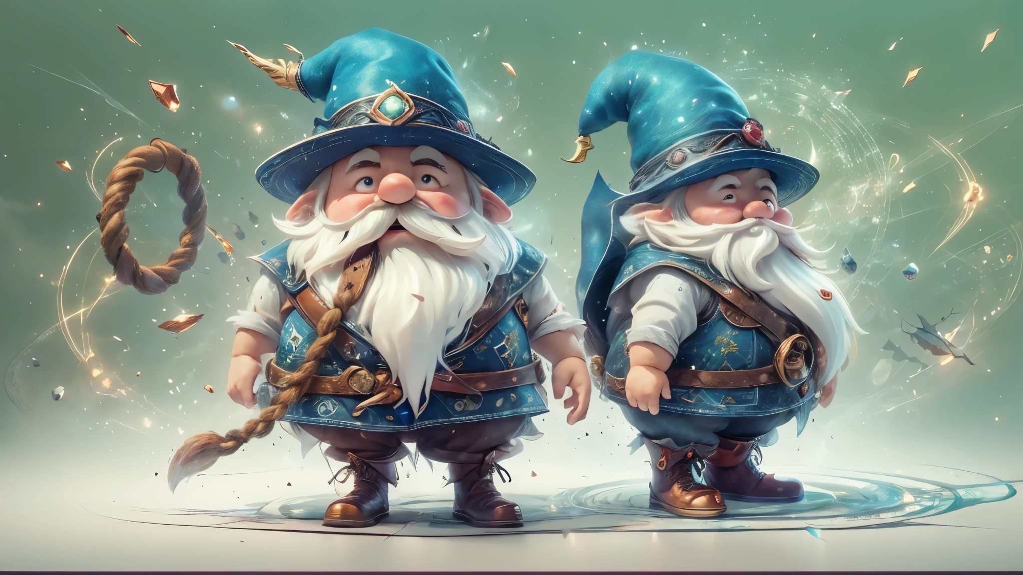 (master piece), 8k, best quality, book illustration, gnome, 40 centimeters tall, chubby, full white beard and a large mustache, blue pointy hat, tied, tied with a rope