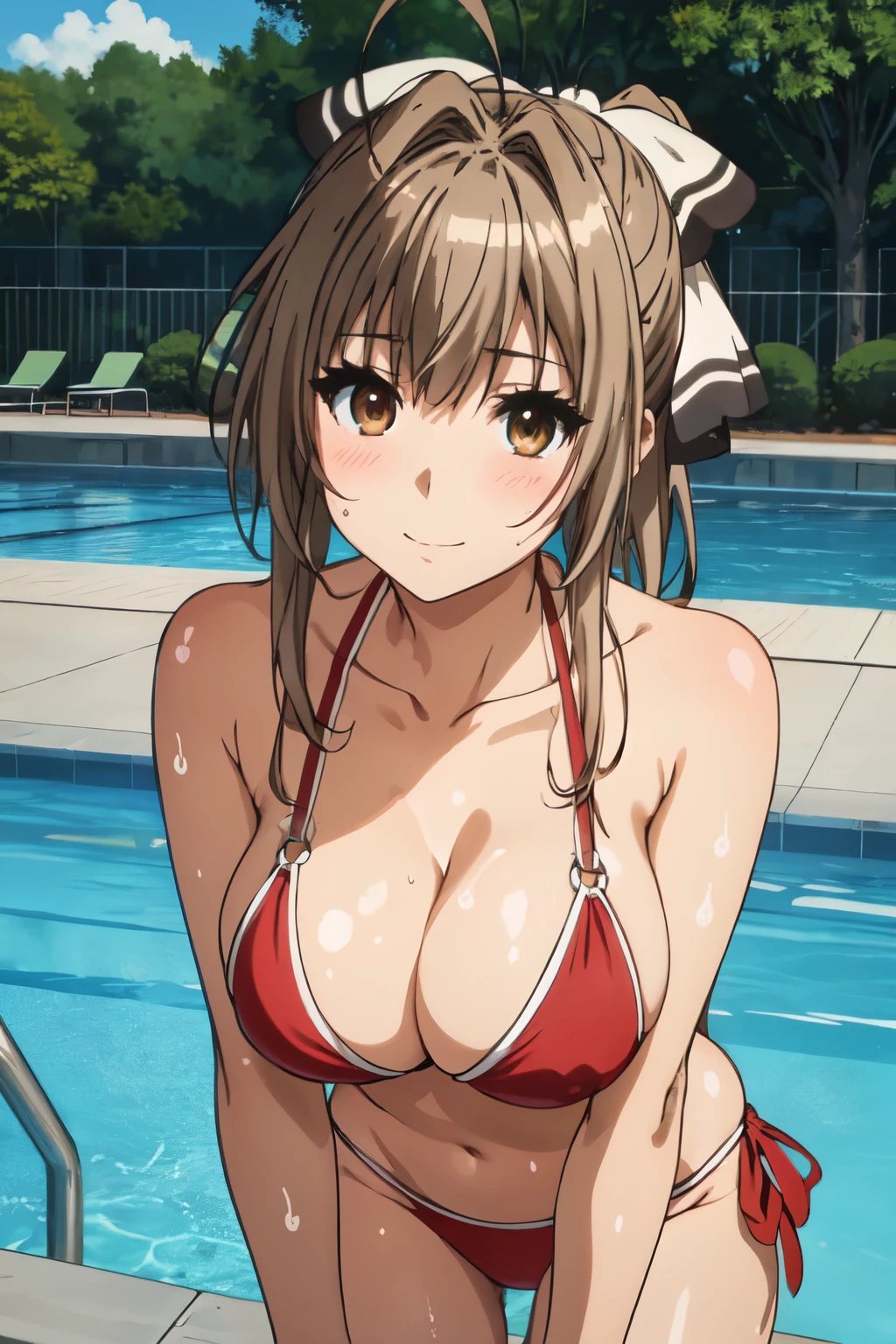 (SentoBikini, o-ring bikini, red bikini, big breasts),amusement park,Poolside、(big breasts、shiny skin:1.5)、 highres, best quality, (masterpiece:1.2), highly detailed、Isuzu Sento、 solo、closed mouth、smile、 brown hair、brown eyes、long hair、antenna hair、ponytail、hair ribbon、leaning forward、front、Sweat、blush、Cover your subject all over、Look at the viewer、(blush、eye light、highlight on eyes)、Anime-style backgrounds、blur the background