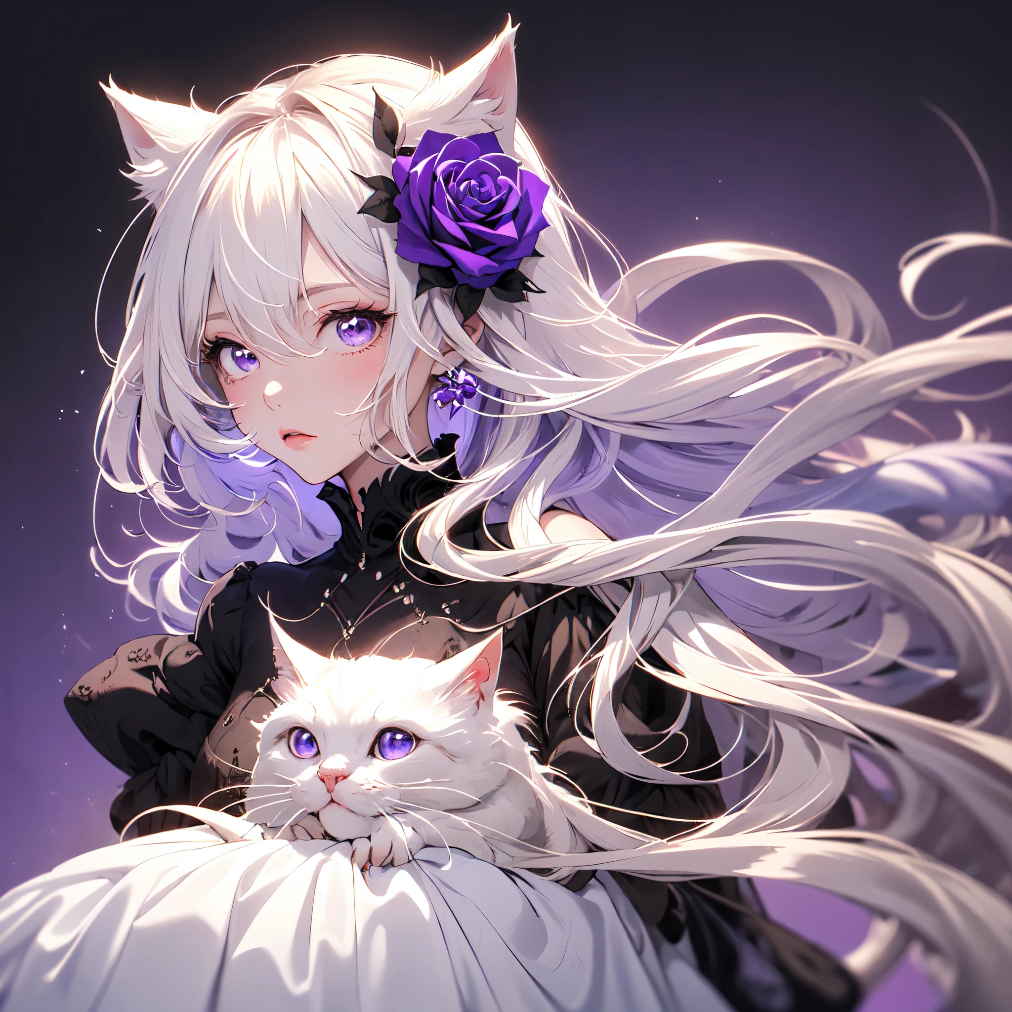 (masterpiece:1.2), highest quality, whole body, 1 girl, alone, long wavy white hair, very long hair, bangs, white cat ears, Gothic dress in black tones, (long sleeve:1.2), purple eyes, Delicate lace and ribbon, elegant decoration, A black bonnet and a purple rose on my head, (purple background:1.4),